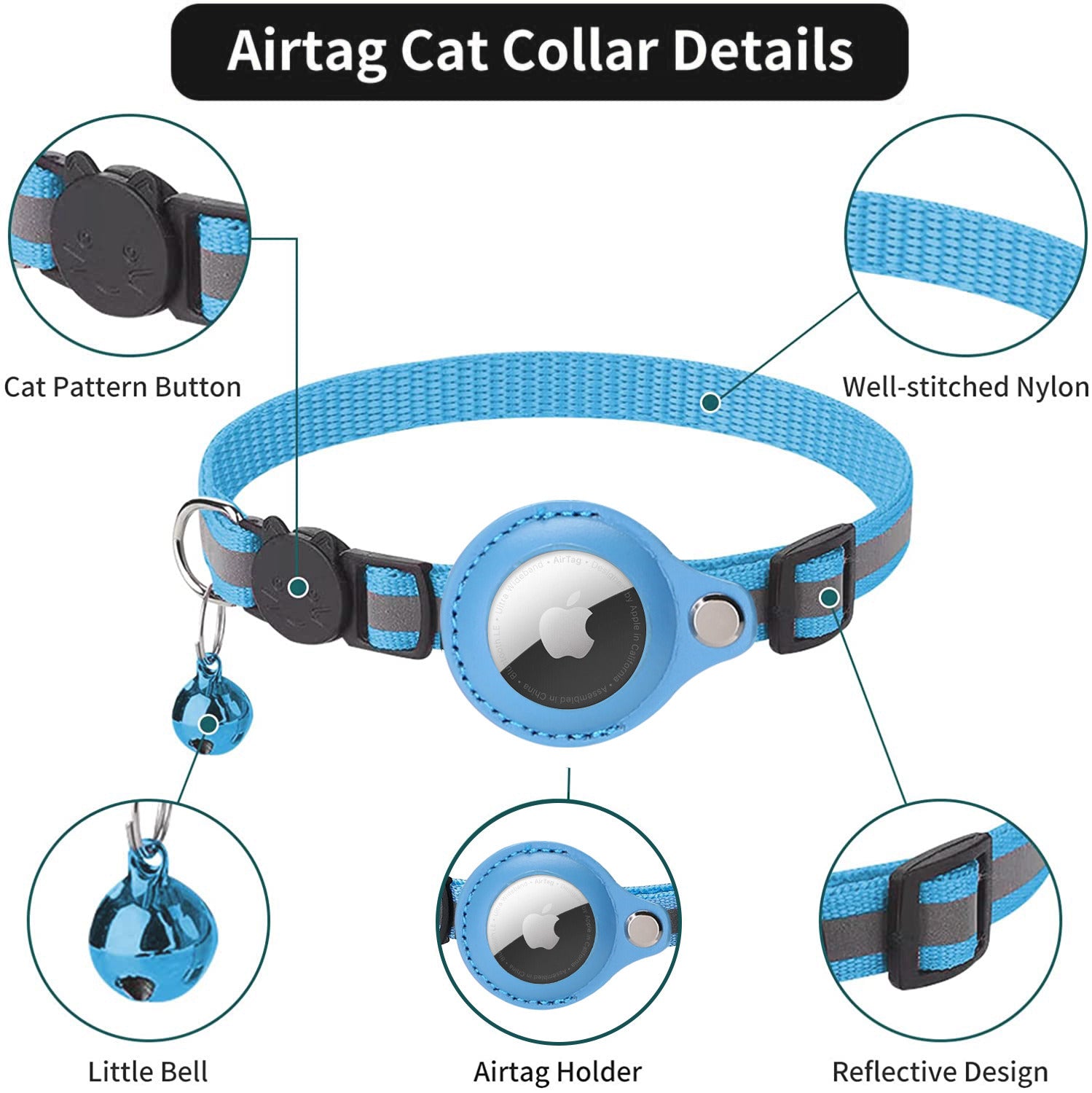 Reflective AirTag Dog Collar; Padded Apple Air Tag Dog Collar; Heavy Duty Dog Collar