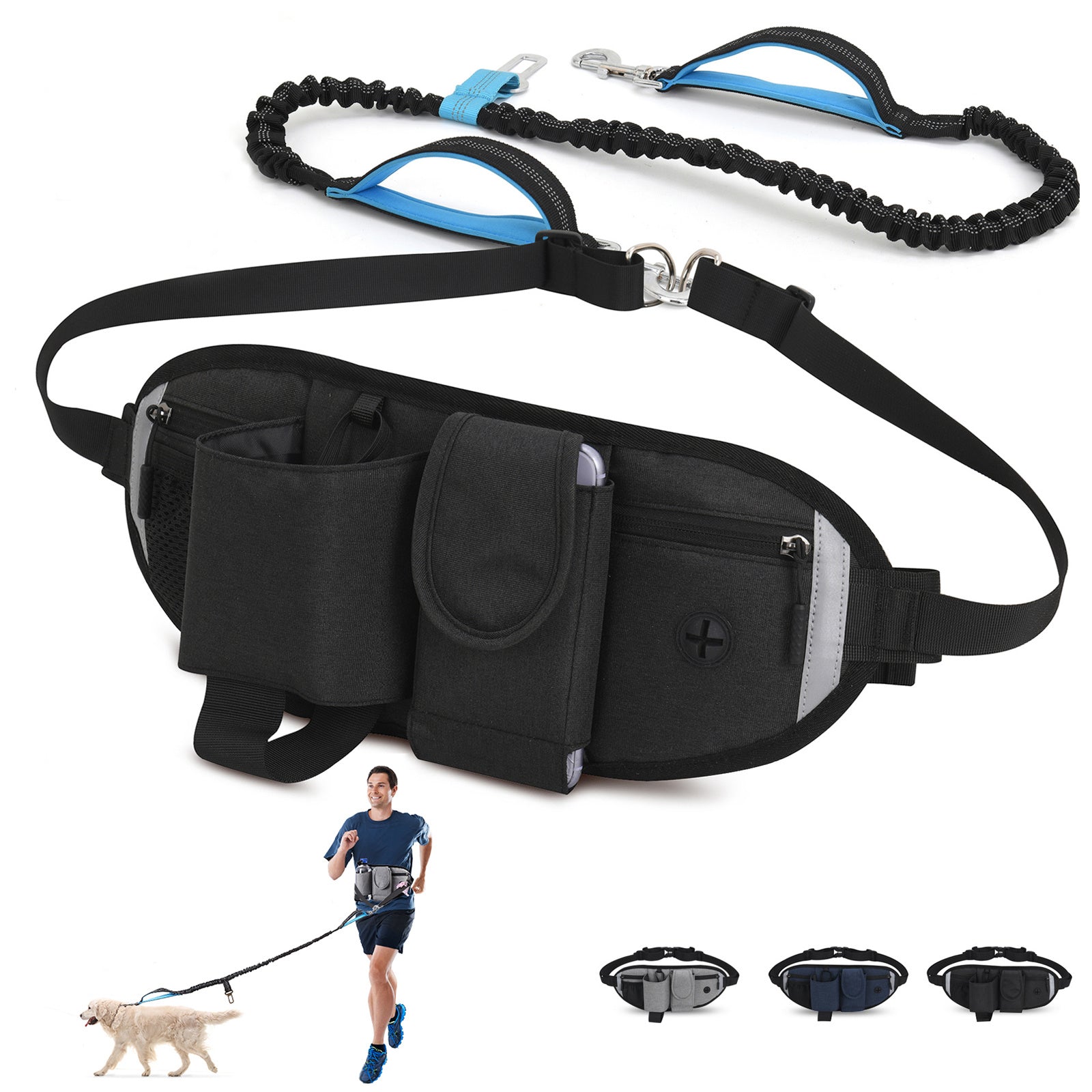 Hands Free Dog Leash with Waist Bag for Walking Small Medium Large Dogs; Reflective Bungee Leash with Car Seatbelt Buckle and Dual Padded Handles; Adjustable Waist Belt