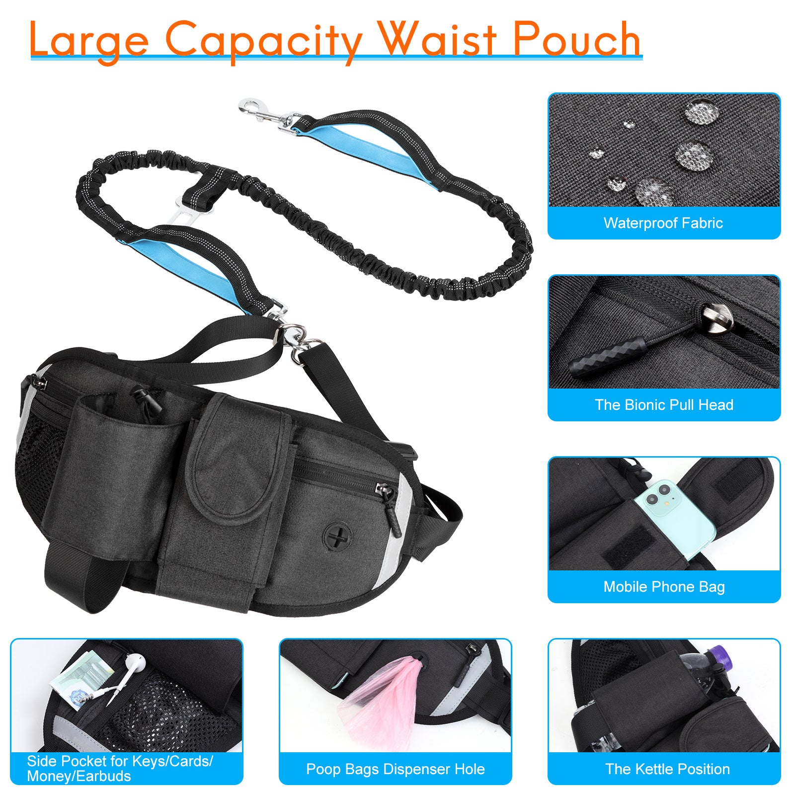 Hands Free Dog Leash with Waist Bag for Walking Small Medium Large Dogs; Reflective Bungee Leash with Car Seatbelt Buckle and Dual Padded Handles; Adjustable Waist Belt