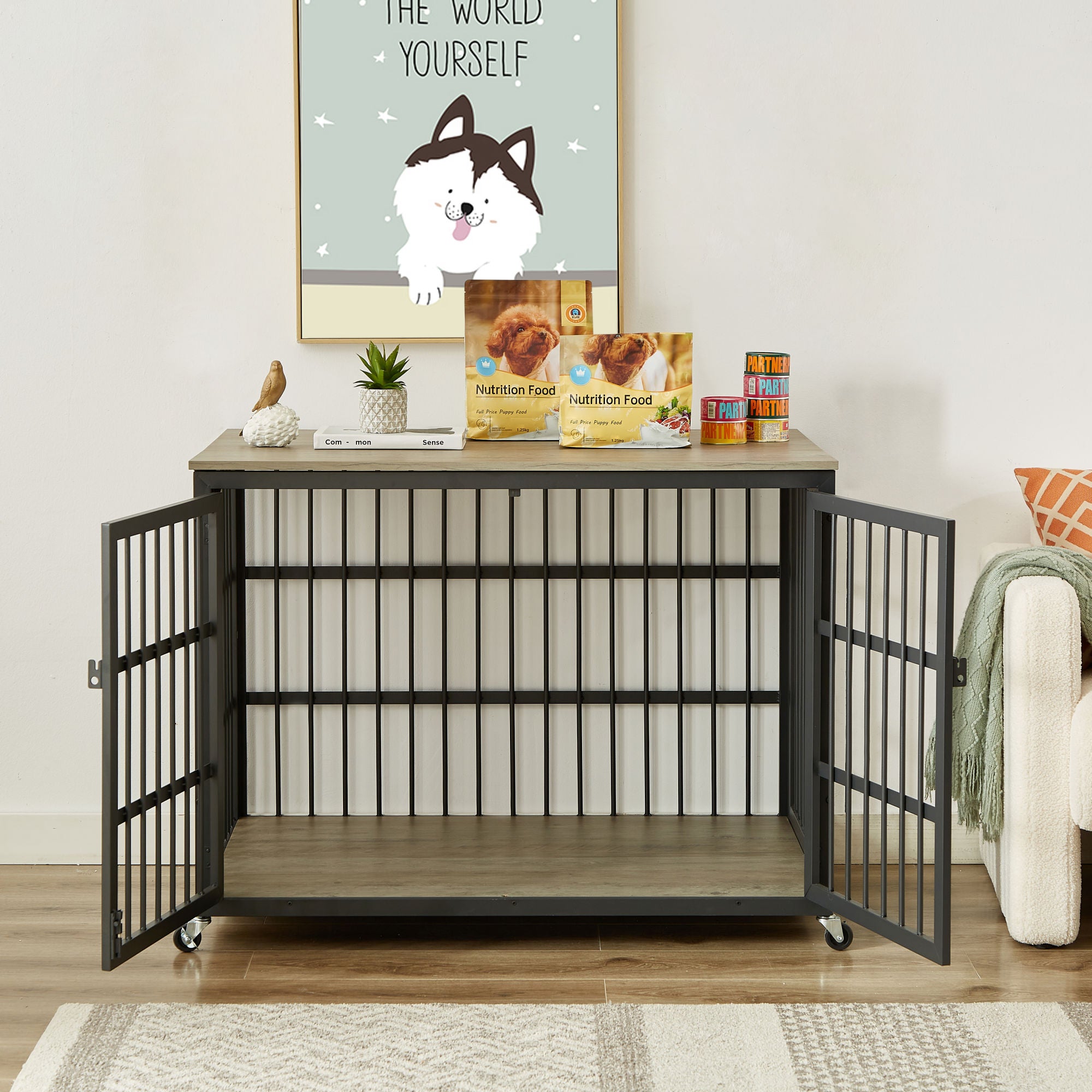 Furniture style dog crate wrought iron frame door with side openings, Grey, 43.3&