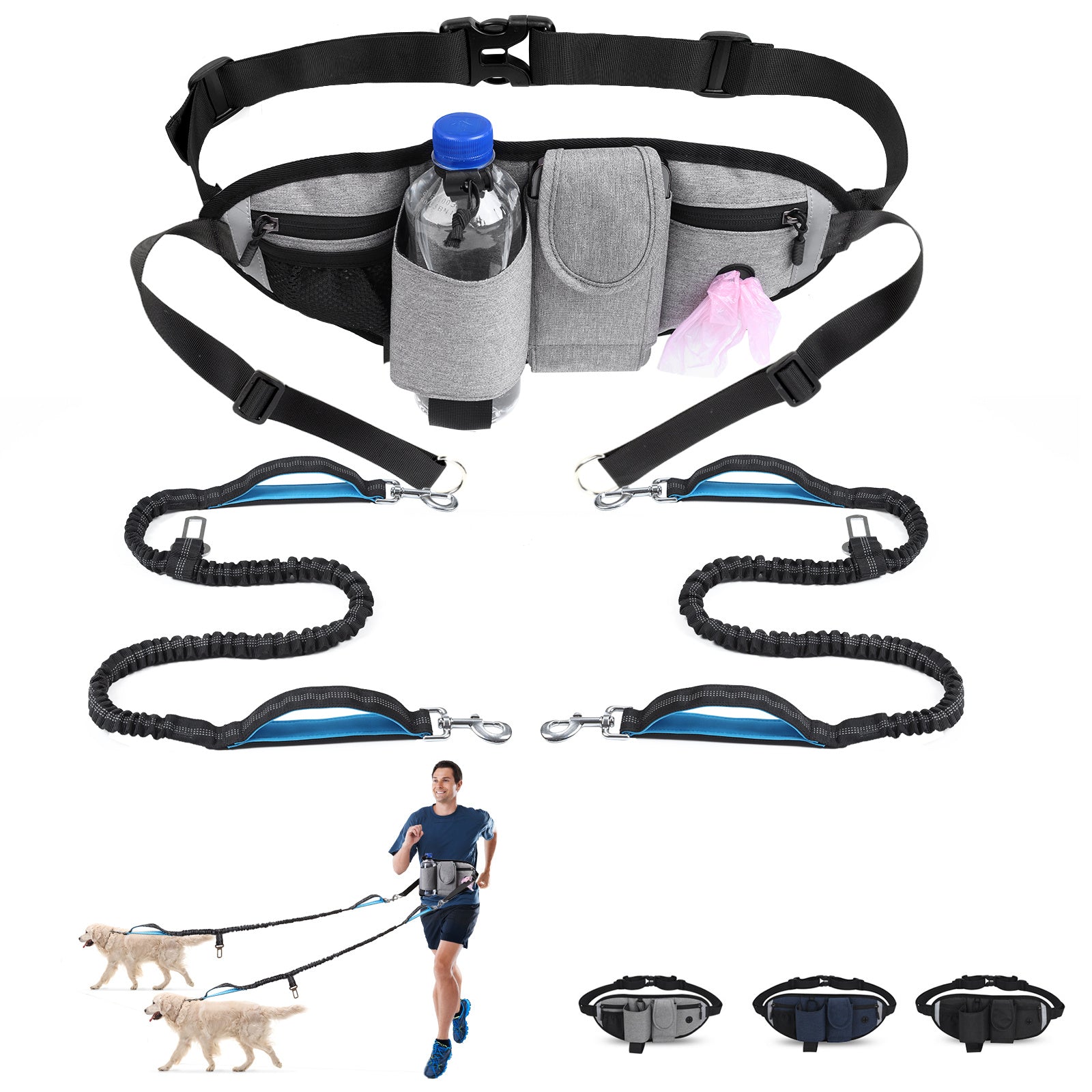 Hands Free Dog Leash with Waist Bag for Walking Small Medium Large Dogs; Reflective Bungee Leash with Car Seatbelt Buckle and Dual Padded Handles; Adjustable Waist Belt