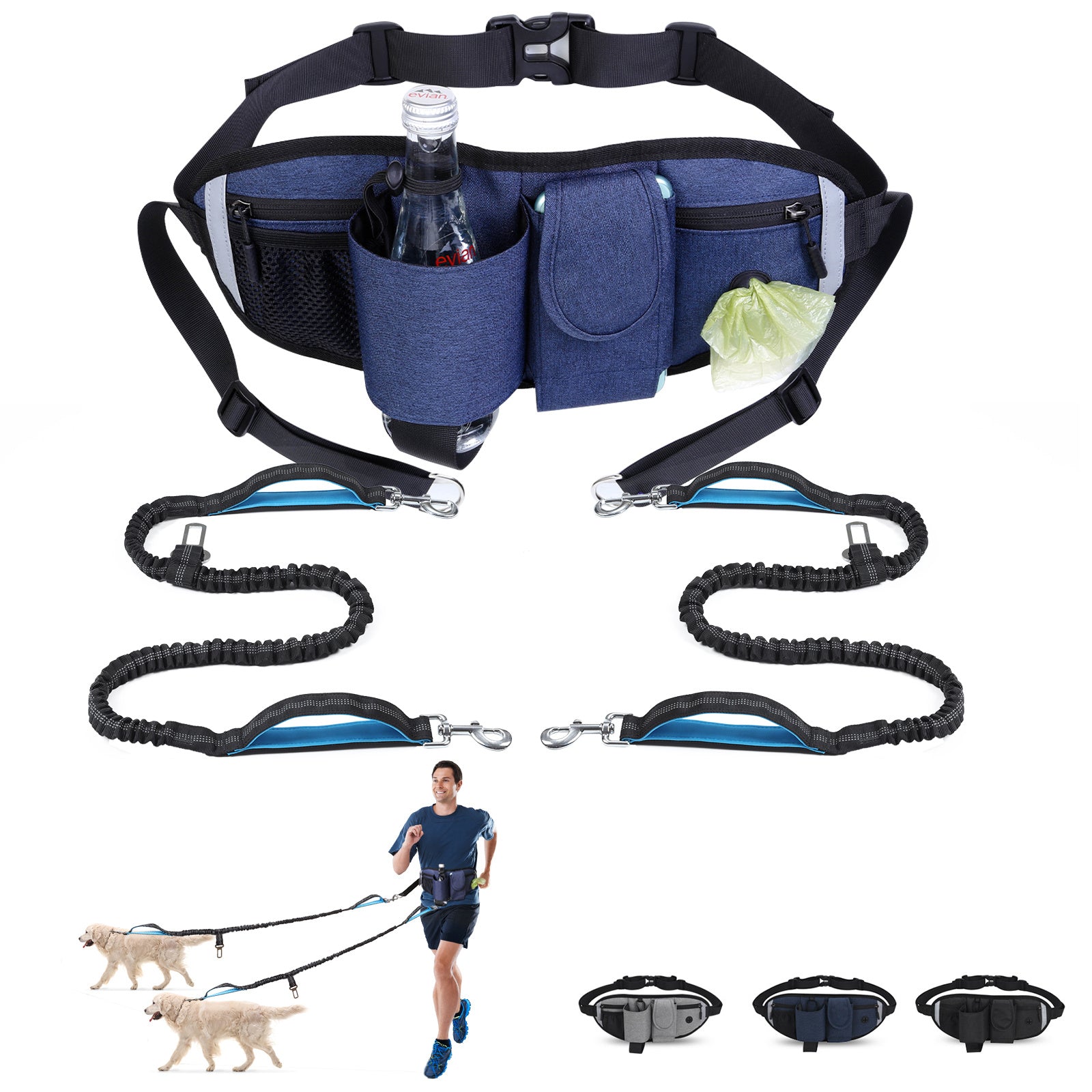 Hands Free Dog Leash with Waist Bag for Walking Small Medium Large Dogs; Reflective Bungee Leash with Car Seatbelt Buckle and Dual Padded Handles; Adjustable Waist Belt