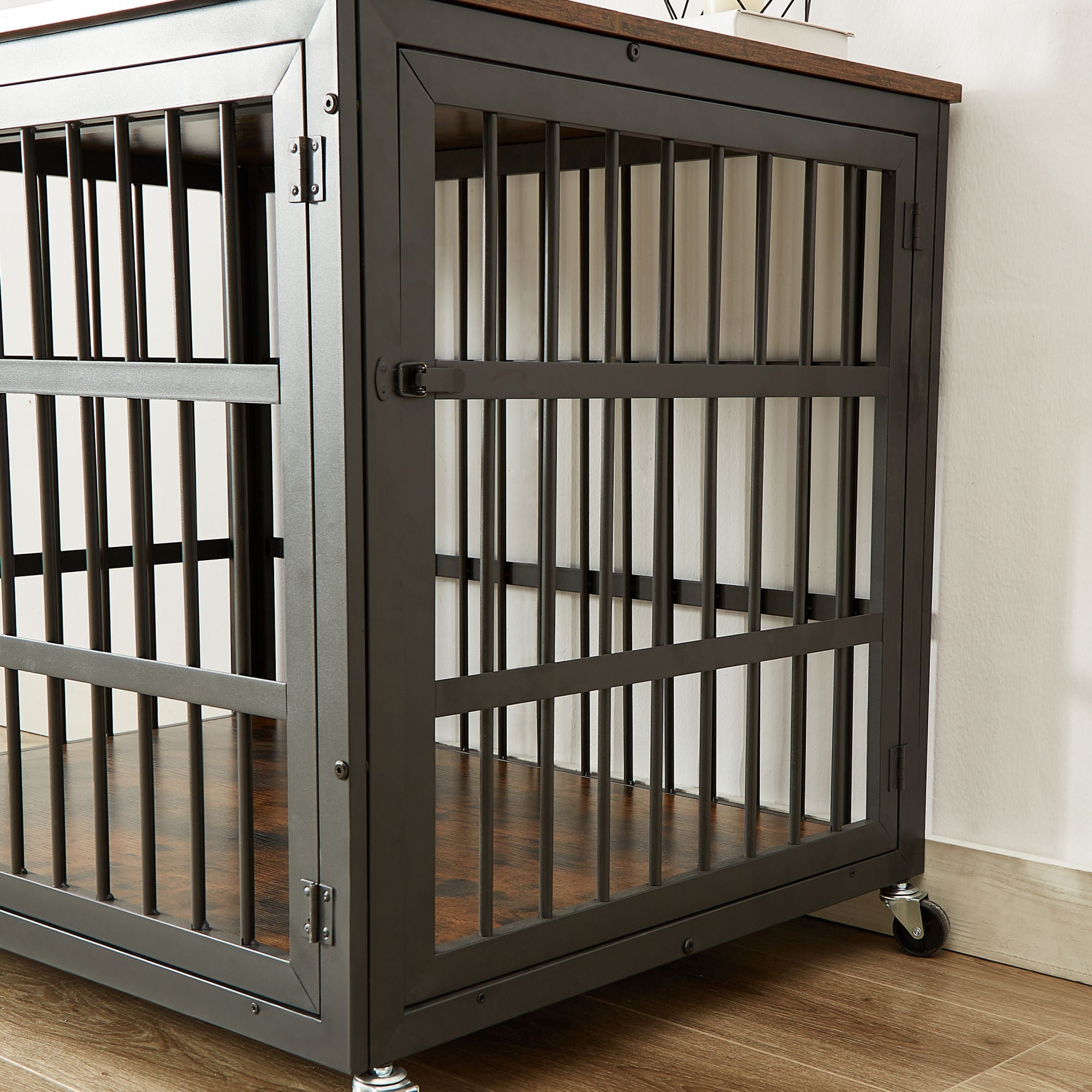 Furniture style dog crate wrought iron frame door with side openings, Grey, 38.4&