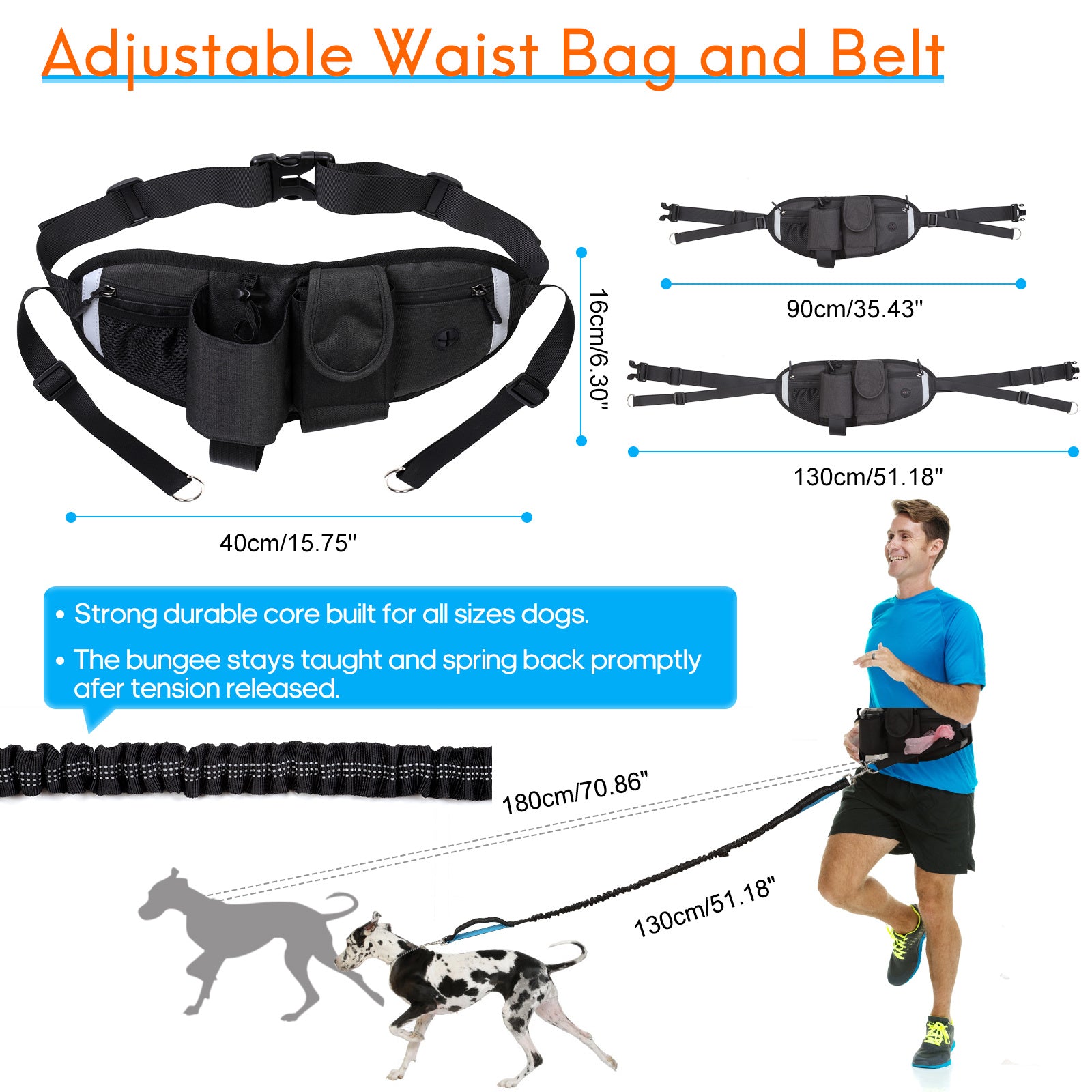 Hands Free Dog Leash with Waist Bag for Walking Small Medium Large Dogs; Reflective Bungee Leash with Car Seatbelt Buckle and Dual Padded Handles; Adjustable Waist Belt