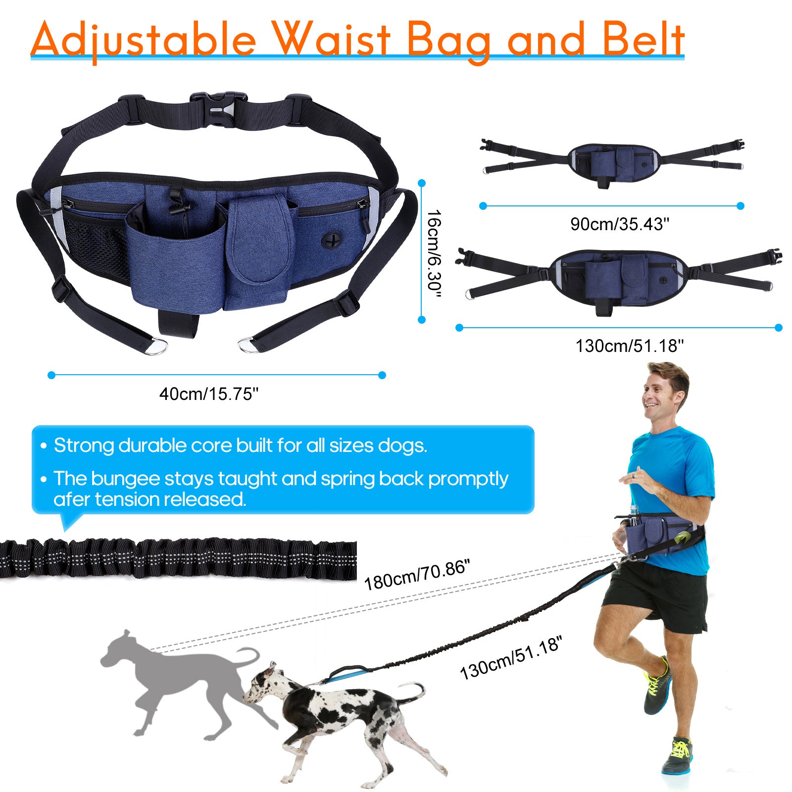 Hands Free Dog Leash with Waist Bag for Walking Small Medium Large Dogs; Reflective Bungee Leash with Car Seatbelt Buckle and Dual Padded Handles; Adjustable Waist Belt