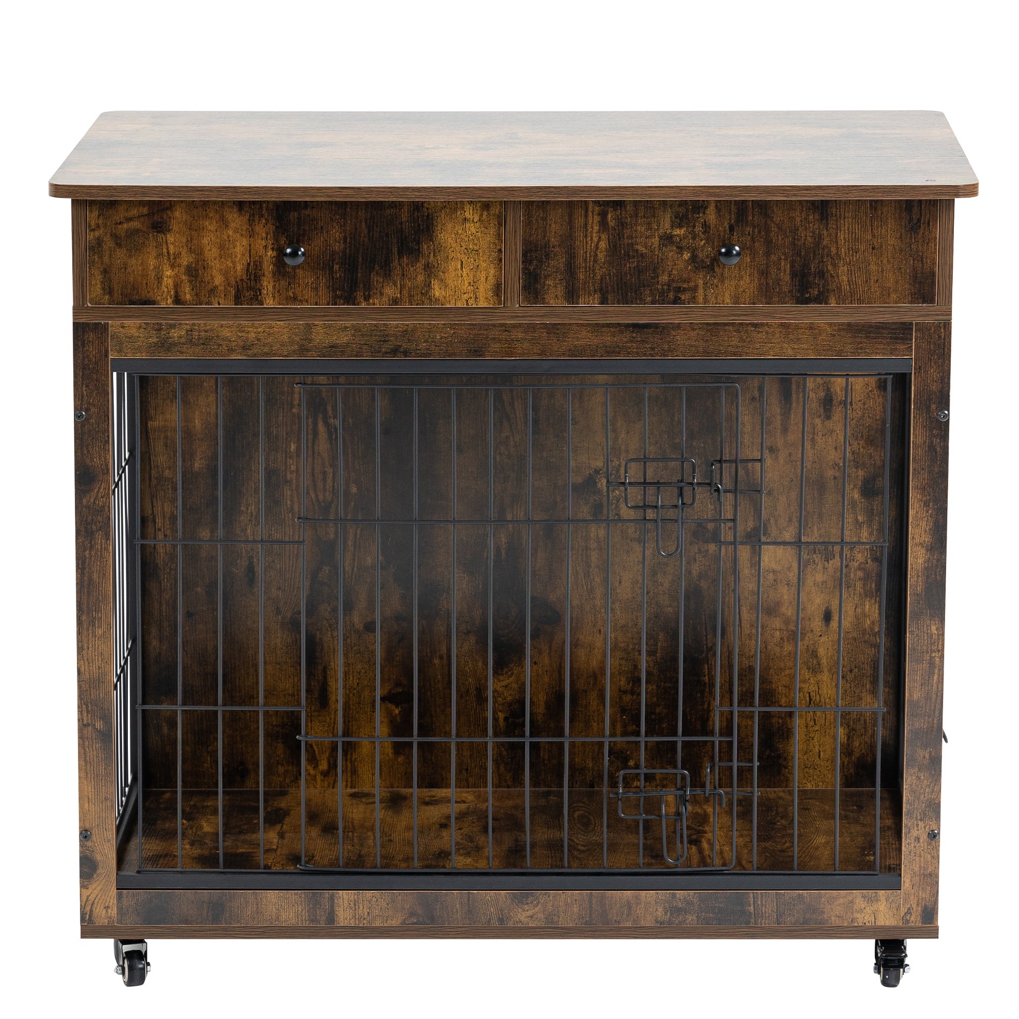 Dog Crate Furniture, Wooden Dog House, Decorative Dog Kennel with Drawer, Indoor Pet Crate End Table for Small Dog, Steel-Tube Dog Cage, Chew-Proof, Rustic Brown 31.7" L×23.2" W×33" H