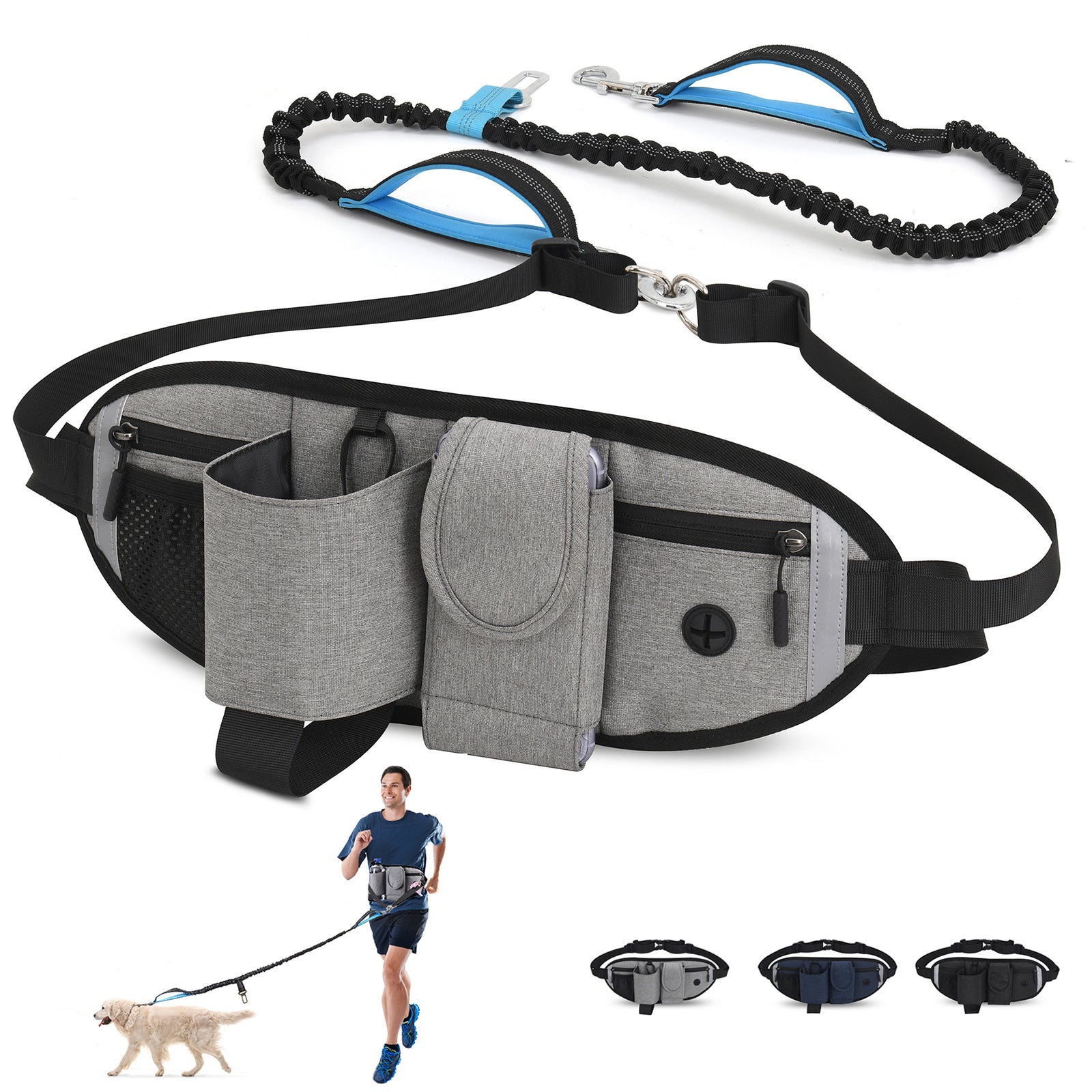 Hands Free Dog Leash with Waist Bag for Walking Small Medium Large Dogs; Reflective Bungee Leash with Car Seatbelt Buckle and Dual Padded Handles; Adjustable Waist Belt