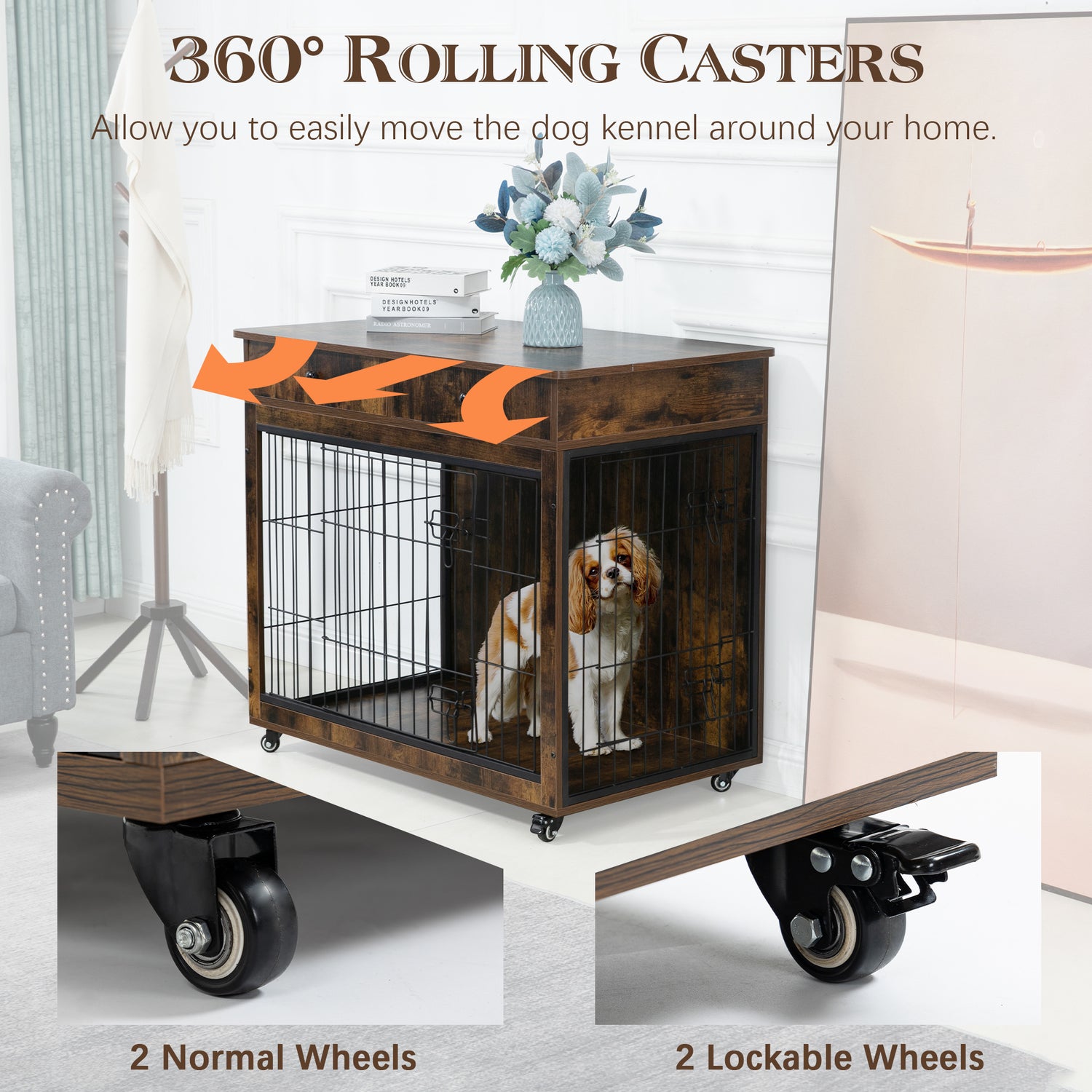Dog Crate Furniture, Wooden Dog House, Decorative Dog Kennel with Drawer, Indoor Pet Crate End Table for Small Dog, Steel-Tube Dog Cage, Chew-Proof, Rustic Brown 31.7&quot; L×23.2&quot; W×33&quot; H
