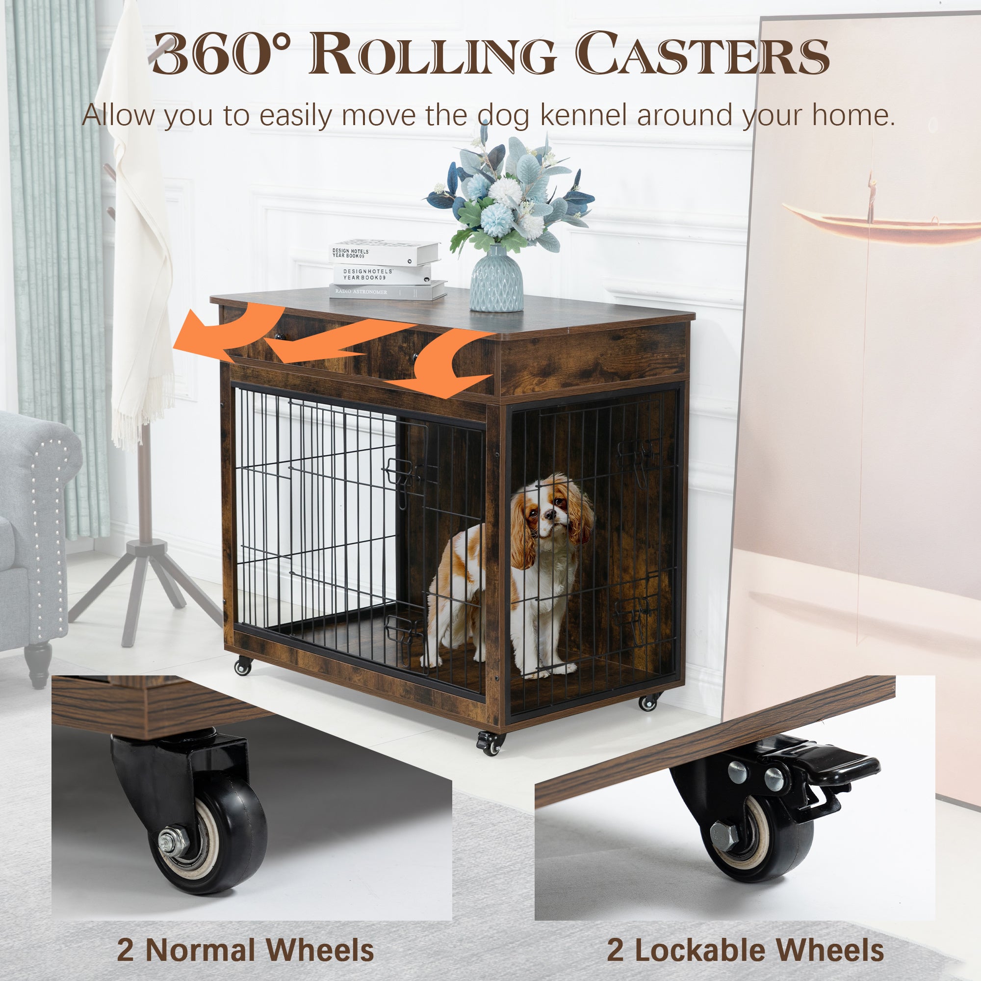 Dog Crate Furniture, Wooden Dog House, Decorative Dog Kennel with Drawer, Indoor Pet Crate End Table for Small Dog, Steel-Tube Dog Cage, Chew-Proof, Rustic Brown 31.7&quot; L×23.2&quot; W×33&quot; H