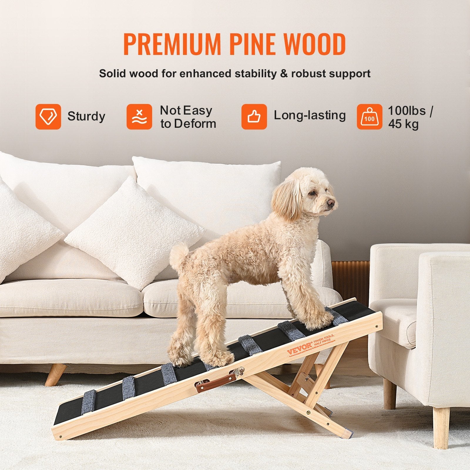 VEVOR Dog Ramp, Folding Pet Ramp for Bed, Adjustable Dog Ramp for Small, Large, Old Dogs &amp; Cats, Wooden Pet Ramp with 39.3&quot; Long Ramp, Adjustable from 15&quot; to 22&quot;, Suitable for Couch, Sofa, Car