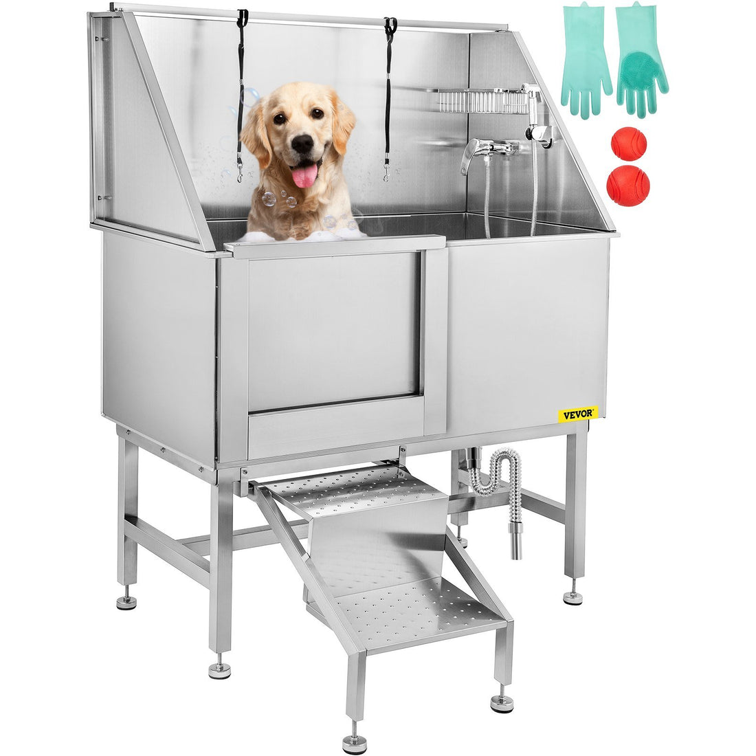 VEVOR 50 Inch Dog Grooming Tub, Professional Stainless Steel Pet Dog Bath Tub, with Steps Faucet &amp; Accessories Dog Washing Station Left Door