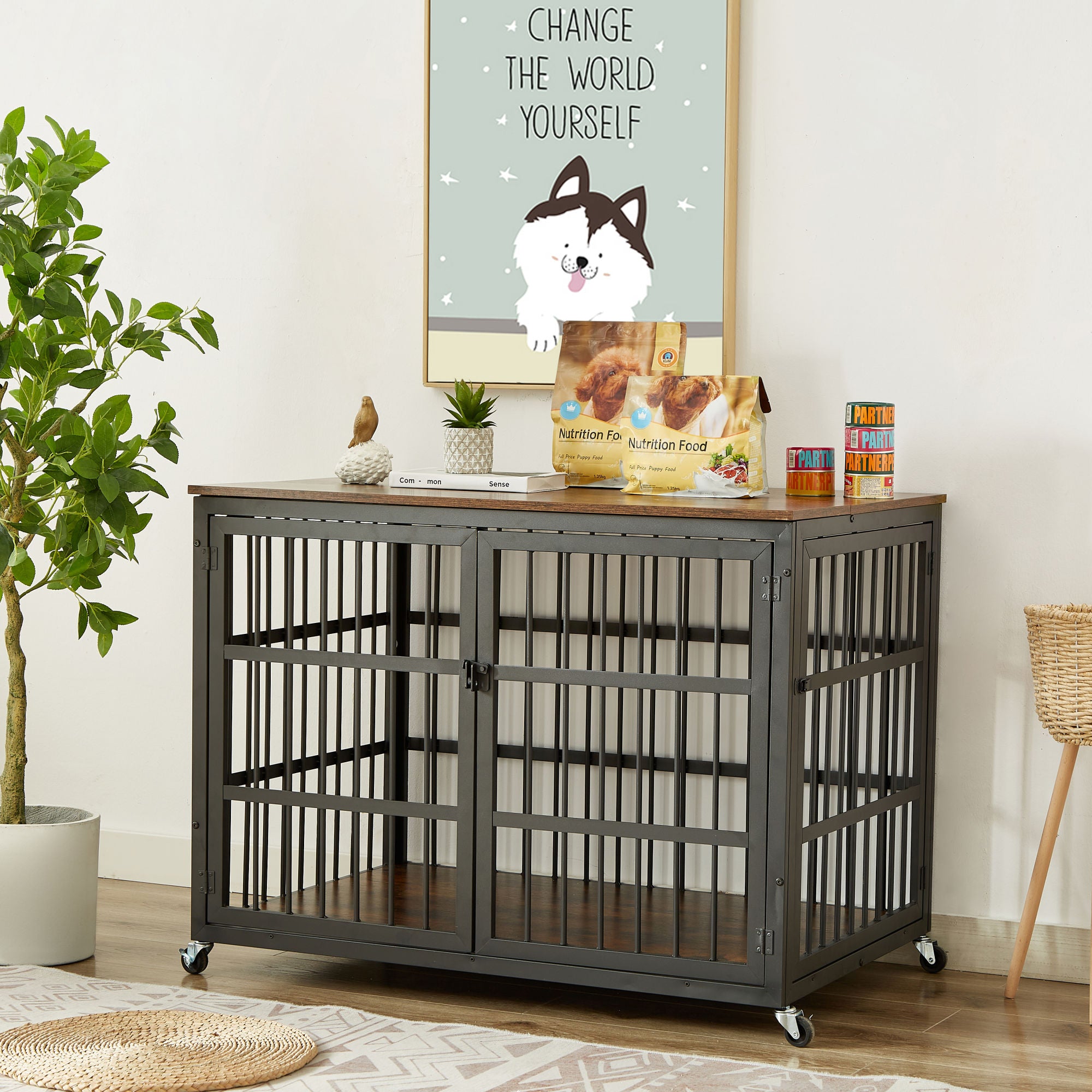 Furniture style dog crate wrought iron frame door with side openings, Grey, 43.3&