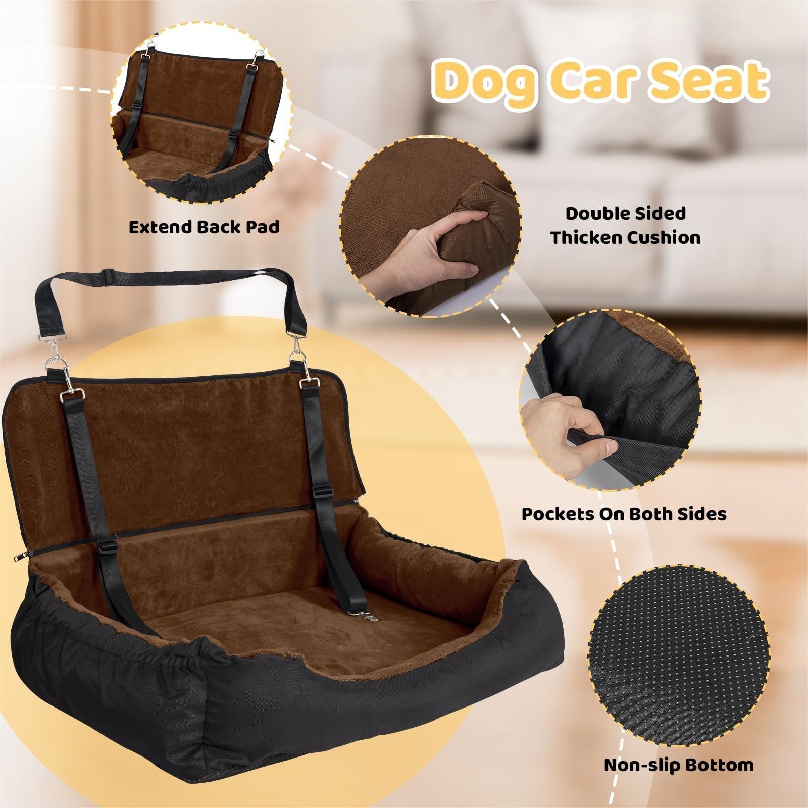 Dog Car Seat Dual Seat Removable Cleaning Coral Fleece Pet Seat with Storage Bag and Safety Belt Fixed Pet Car Seat Suitable for Small and Medium Dogs Car Seat Travel Dog Car Bed (Dual Seat)