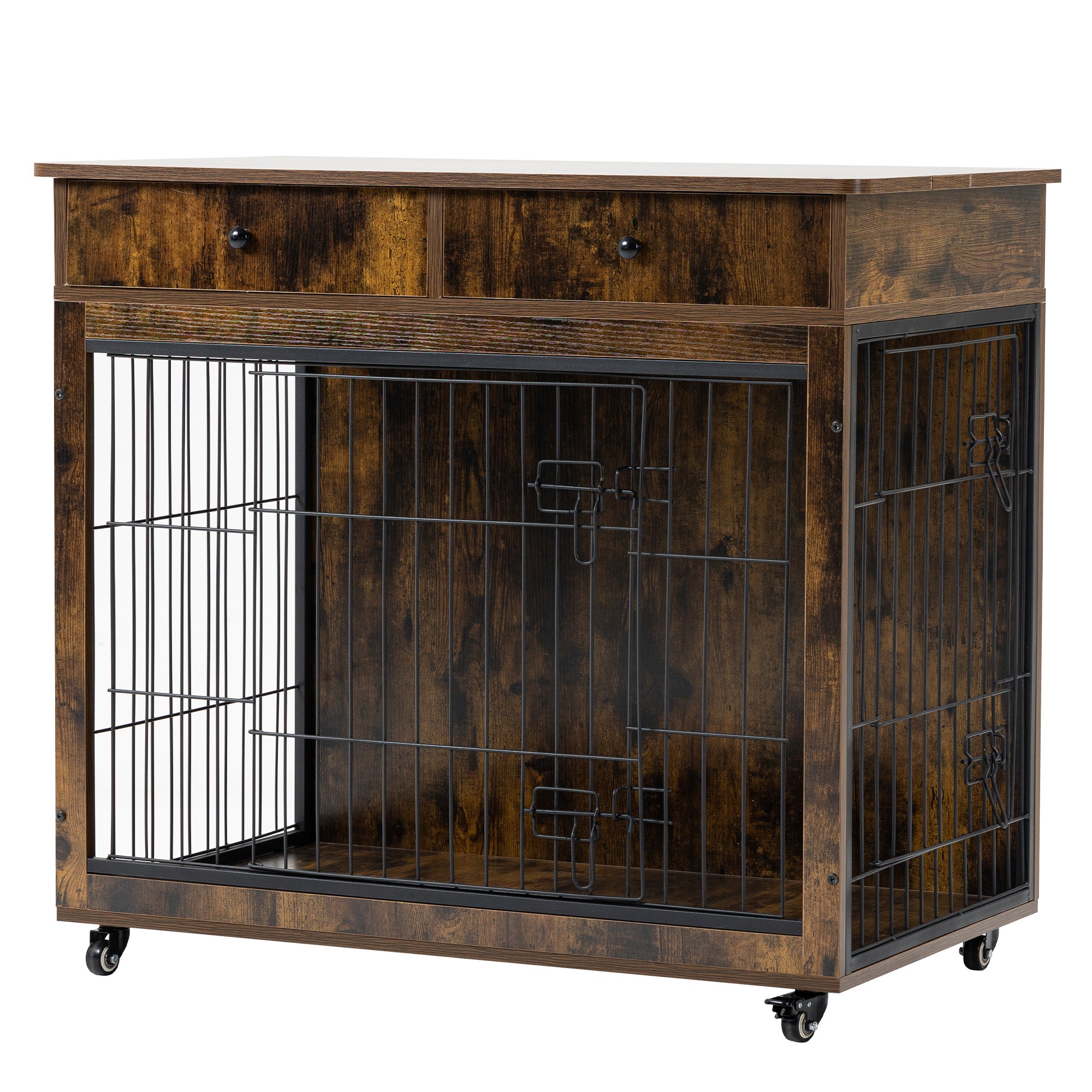 Dog Crate Furniture, Wooden Dog House, Decorative Dog Kennel with Drawer, Indoor Pet Crate End Table for Small Dog, Steel-Tube Dog Cage, Chew-Proof, Rustic Brown 31.7&quot; L×23.2&quot; W×33&quot; H