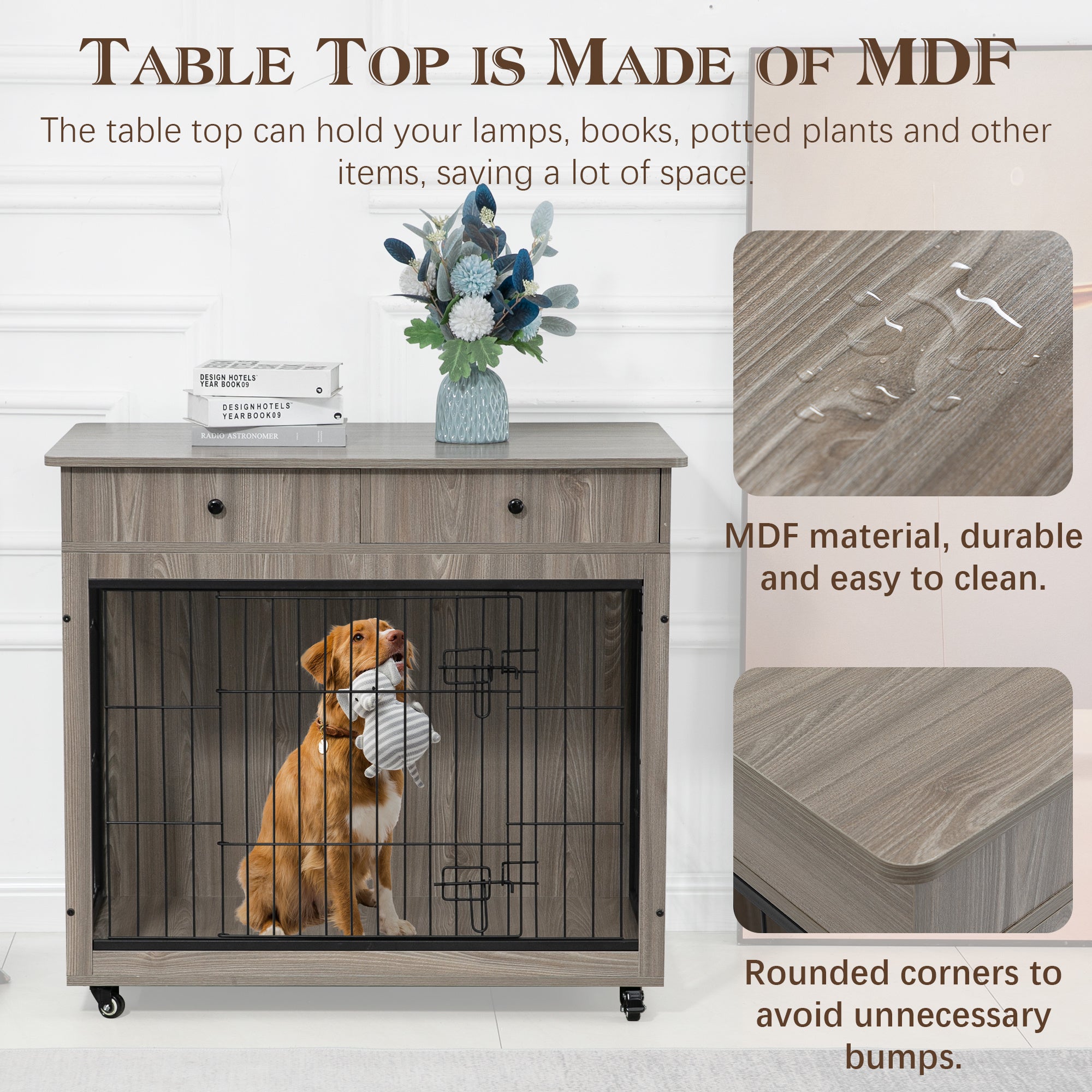 Dog Crate Furniture, Wooden Dog Crate End Table, 38.4 Inch Dog Kennel with 2 Drawers Storage, Heavy Duty Dog Crate, Decorative Pet Crate Dog Cage for Large Indoor Use (Grey) 38.4&quot; L×23.2&quot; W×35&quot; H