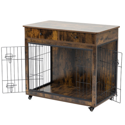 Dog Crate Furniture, Wooden Dog House, Decorative Dog Kennel with Drawer, Indoor Pet Crate End Table for Small Dog, Steel-Tube Dog Cage, Chew-Proof, Rustic Brown 31.7&quot; L×23.2&quot; W×33&quot; H