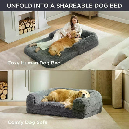 2-in-1 Calming Human Size Giant Dog Bed for Pet Families Suitable for Adults Faux Fur Orthopedic Dog Sofa Kennel Plush Beds Cats