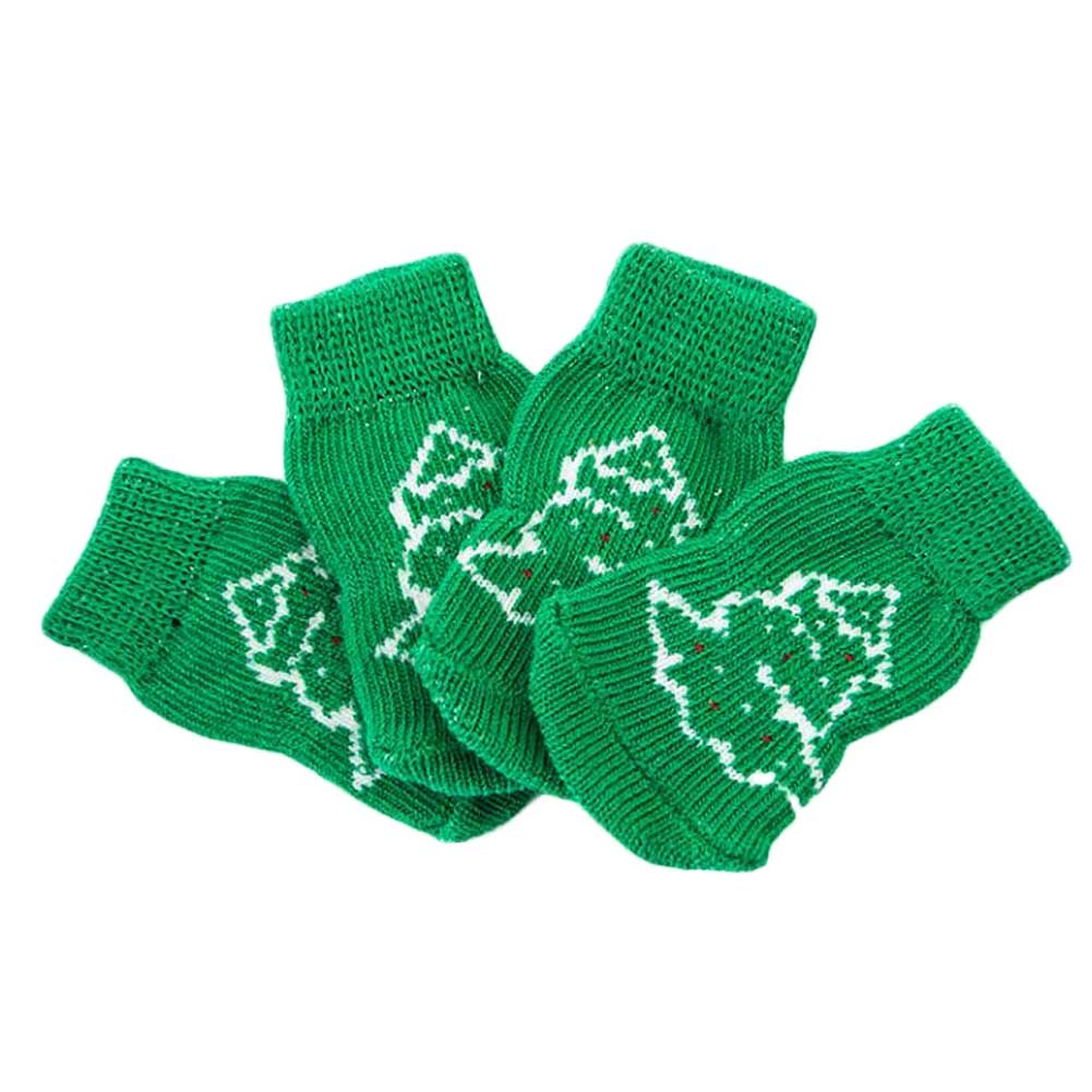 4 Pcs Green Christmas Tree Dog Knitted Pet Socks Cartoon Cute