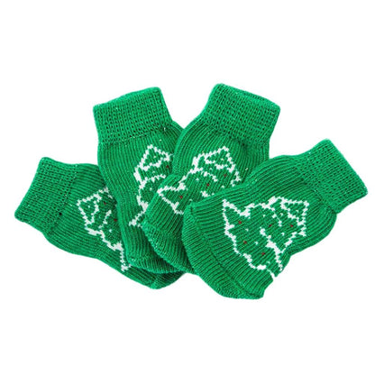 4 Pcs Green Christmas Tree Dog Knitted Pet Socks Cartoon Cute
