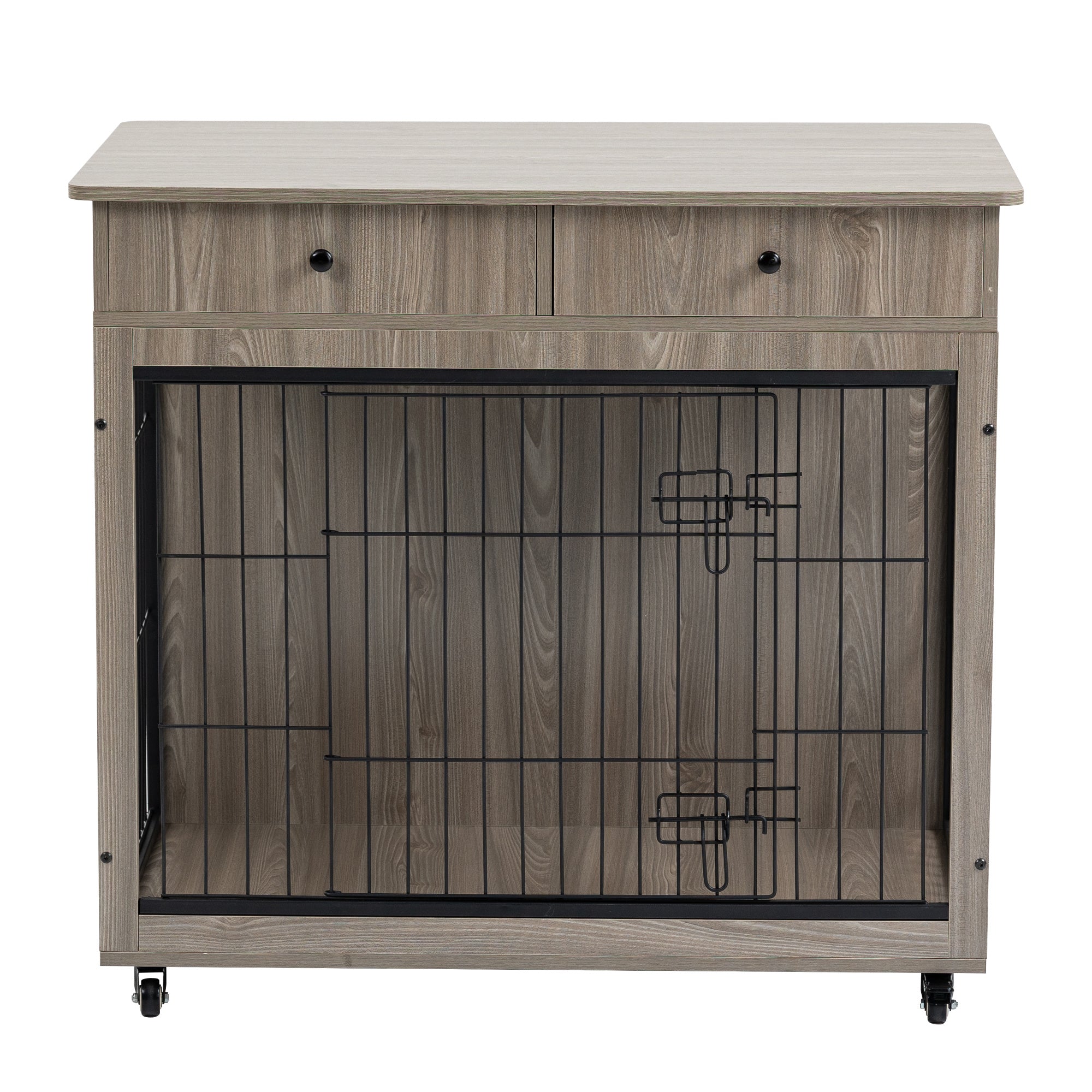 Dog Crate Furniture, Wooden Dog Crate End Table, 38.4 Inch Dog Kennel with 2 Drawers Storage, Heavy Duty Dog Crate, Decorative Pet Crate Dog Cage for Large Indoor Use (Grey) 38.4&quot; L×23.2&quot; W×35&quot; H