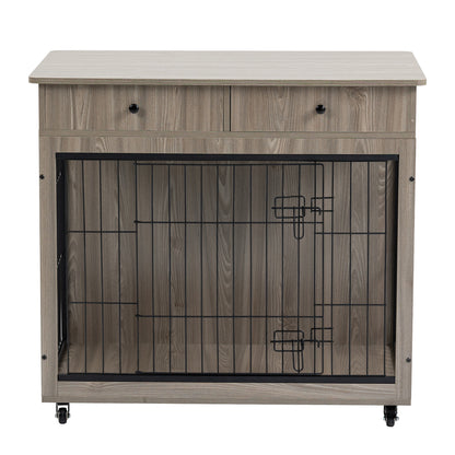 Dog Crate Furniture, Wooden Dog Crate End Table, 38.4 Inch Dog Kennel with 2 Drawers Storage, Heavy Duty Dog Crate, Decorative Pet Crate Dog Cage for Large Indoor Use (Grey) 38.4&quot; L×23.2&quot; W×35&quot; H