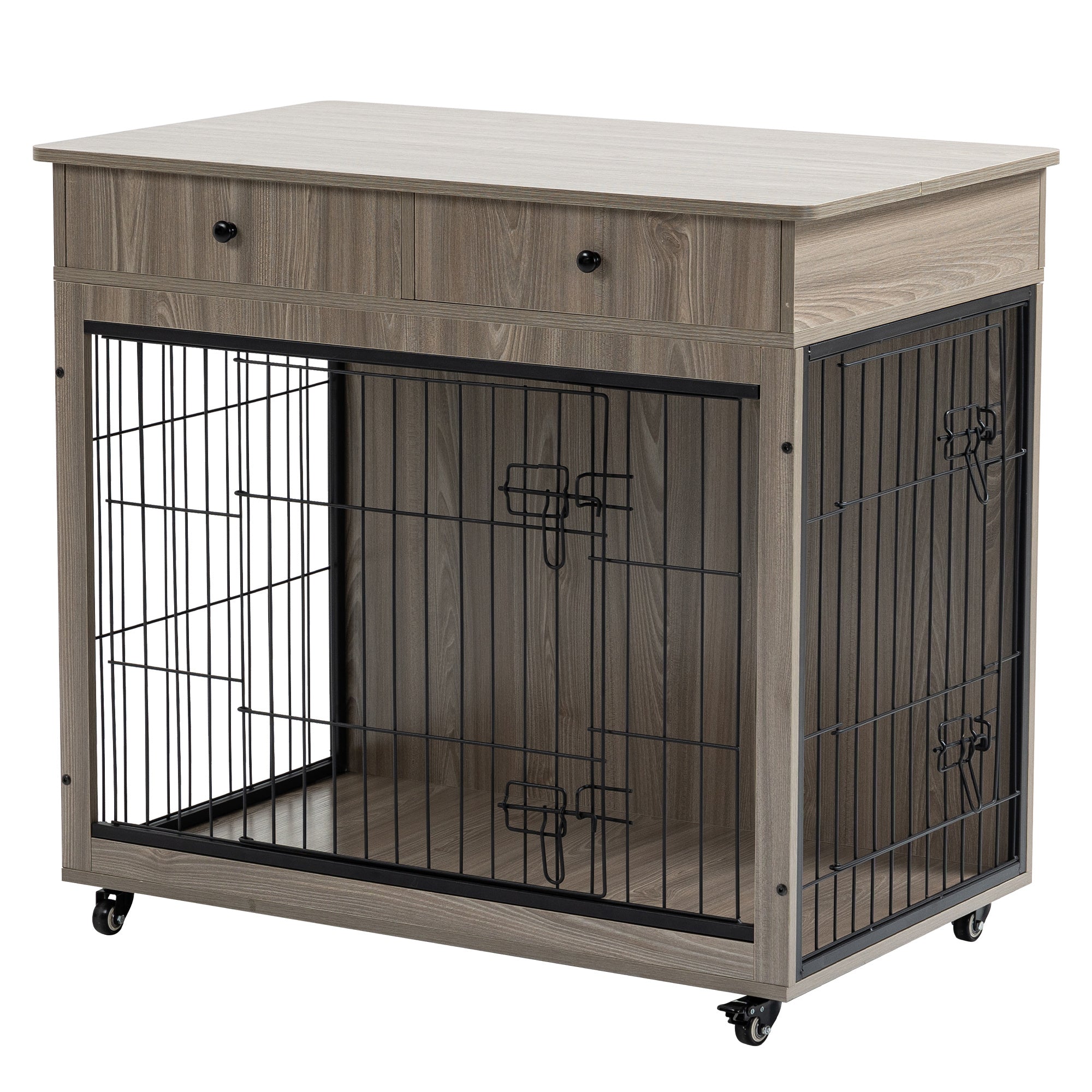 Dog Crate Furniture, Wooden Dog Crate End Table, 38.4 Inch Dog Kennel with 2 Drawers Storage, Heavy Duty Dog Crate, Decorative Pet Crate Dog Cage for Large Indoor Use (Grey) 38.4&quot; L×23.2&quot; W×35&quot; H