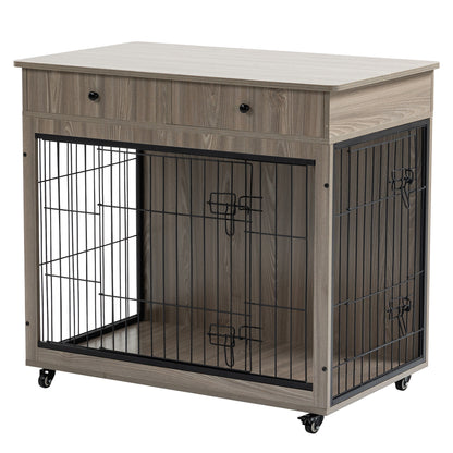 Dog Crate Furniture, Wooden Dog Crate End Table, 38.4 Inch Dog Kennel with 2 Drawers Storage, Heavy Duty Dog Crate, Decorative Pet Crate Dog Cage for Large Indoor Use (Grey) 38.4&quot; L×23.2&quot; W×35&quot; H