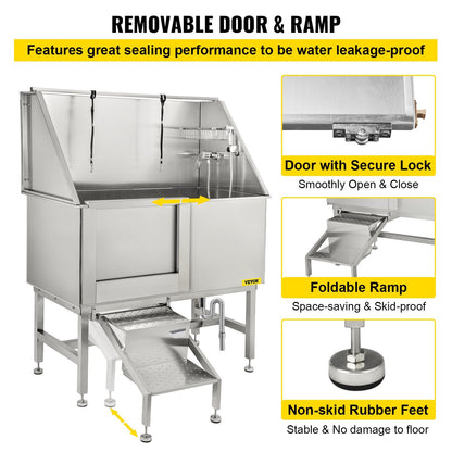 VEVOR 50 Inch Dog Grooming Tub, Professional Stainless Steel Pet Dog Bath Tub, with Steps Faucet &amp; Accessories Dog Washing Station Left Door