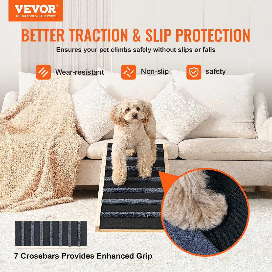 VEVOR Dog Ramp, Folding Pet Ramp for Bed, Adjustable Dog Ramp for Small, Large, Old Dogs &amp; Cats, Wooden Pet Ramp with 39.3&quot; Long Ramp, Adjustable from 15&quot; to 22&quot;, Suitable for Couch, Sofa, Car