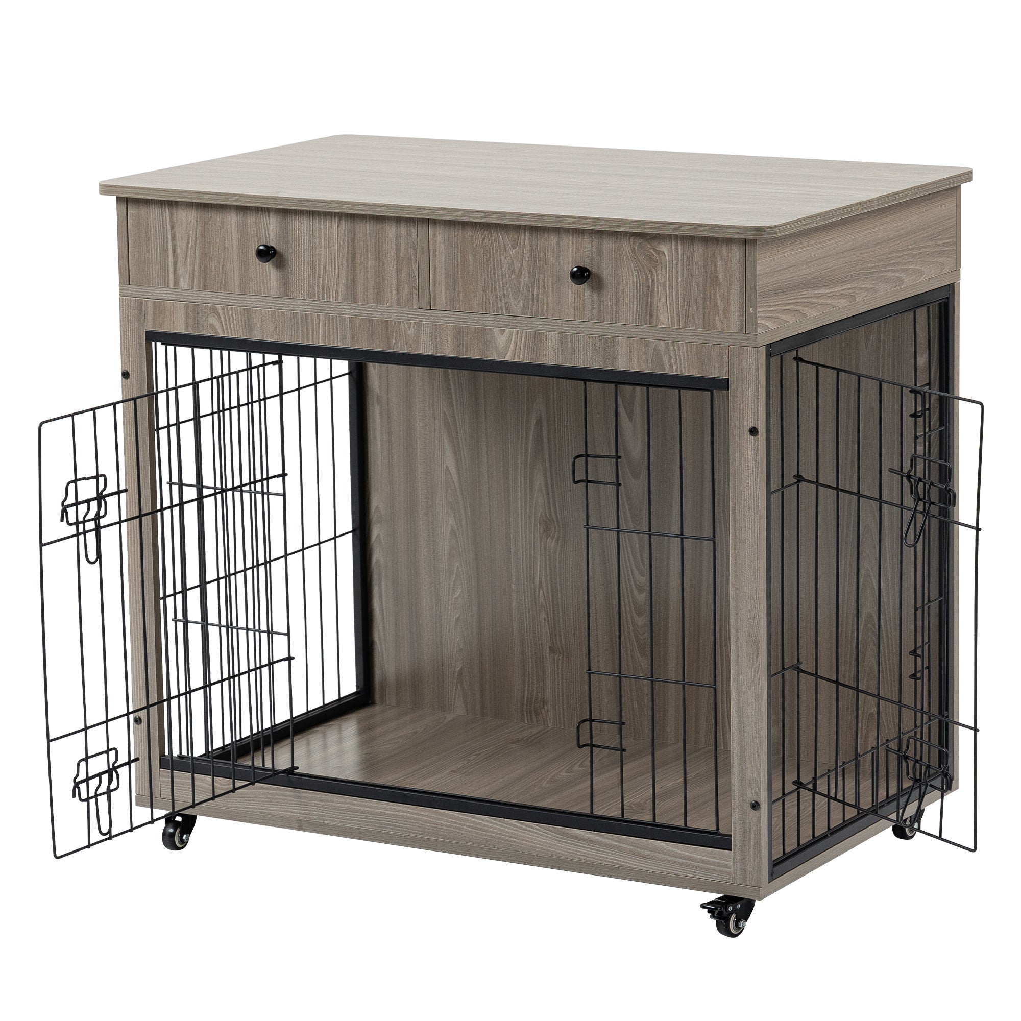 Dog Crate Furniture, Wooden Dog Crate End Table, 38.4 Inch Dog Kennel with 2 Drawers Storage, Heavy Duty Dog Crate, Decorative Pet Crate Dog Cage for Large Indoor Use (Grey) 38.4&quot; L×23.2&quot; W×35&quot; H