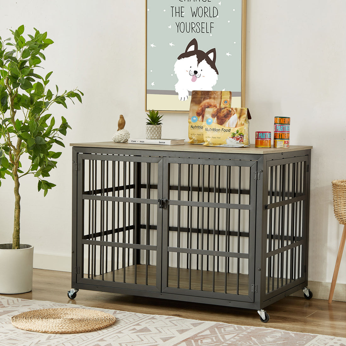 Furniture style dog crate wrought iron frame door with side openings, Grey, 43.3&