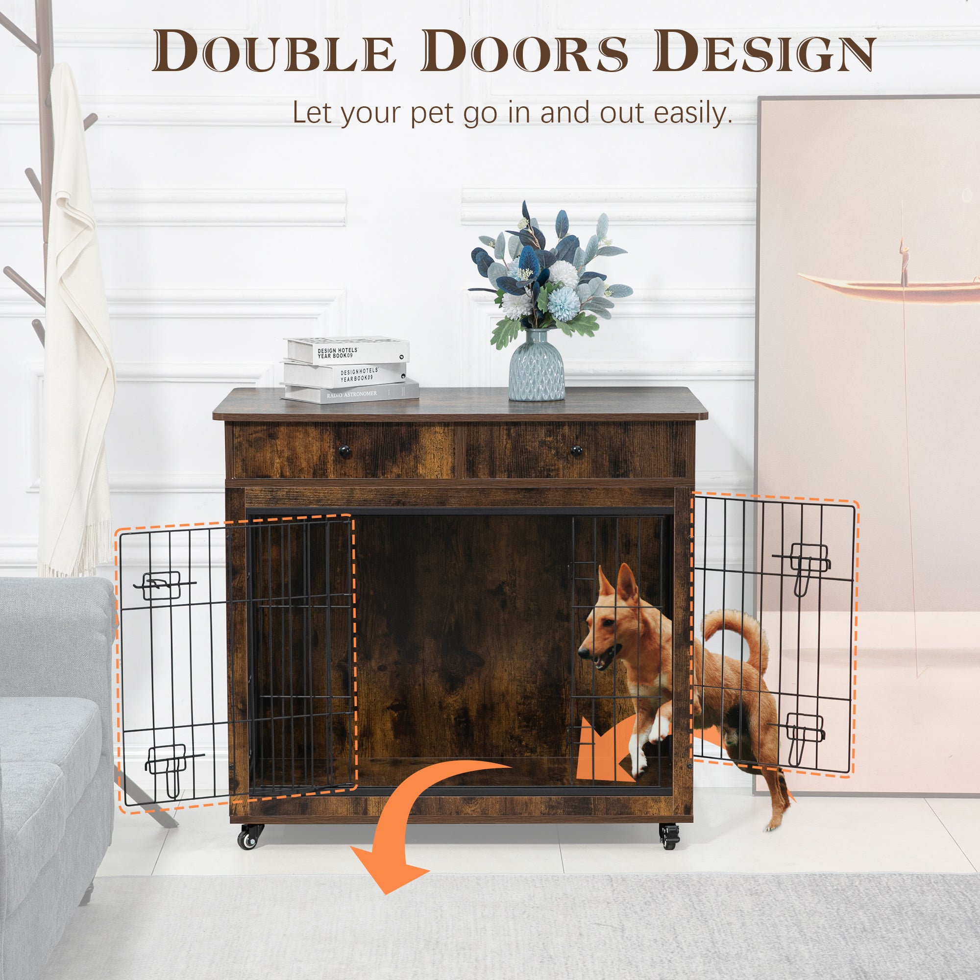 Dog Crate Furniture, Wooden Dog House, Decorative Dog Kennel with Drawer, Indoor Pet Crate End Table for Small Dog, Steel-Tube Dog Cage, Chew-Proof, Rustic Brown 31.7&quot; L×23.2&quot; W×33&quot; H