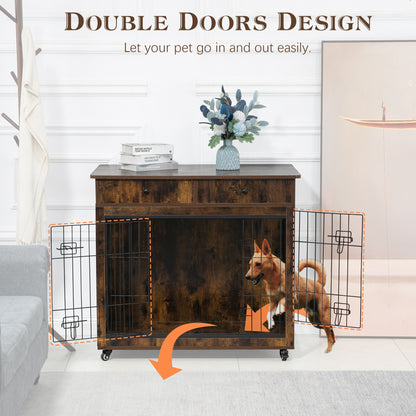 Dog Crate Furniture, Wooden Dog House, Decorative Dog Kennel with Drawer, Indoor Pet Crate End Table for Small Dog, Steel-Tube Dog Cage, Chew-Proof, Rustic Brown 31.7&quot; L×23.2&quot; W×33&quot; H
