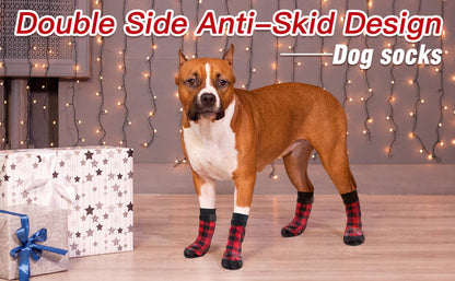 Chrismas Anti-Slip Dog Socks; Waterproof Paw Protectors with Reflective Straps Traction Control for Indoor &amp; Outdoor Wear; 4pcs