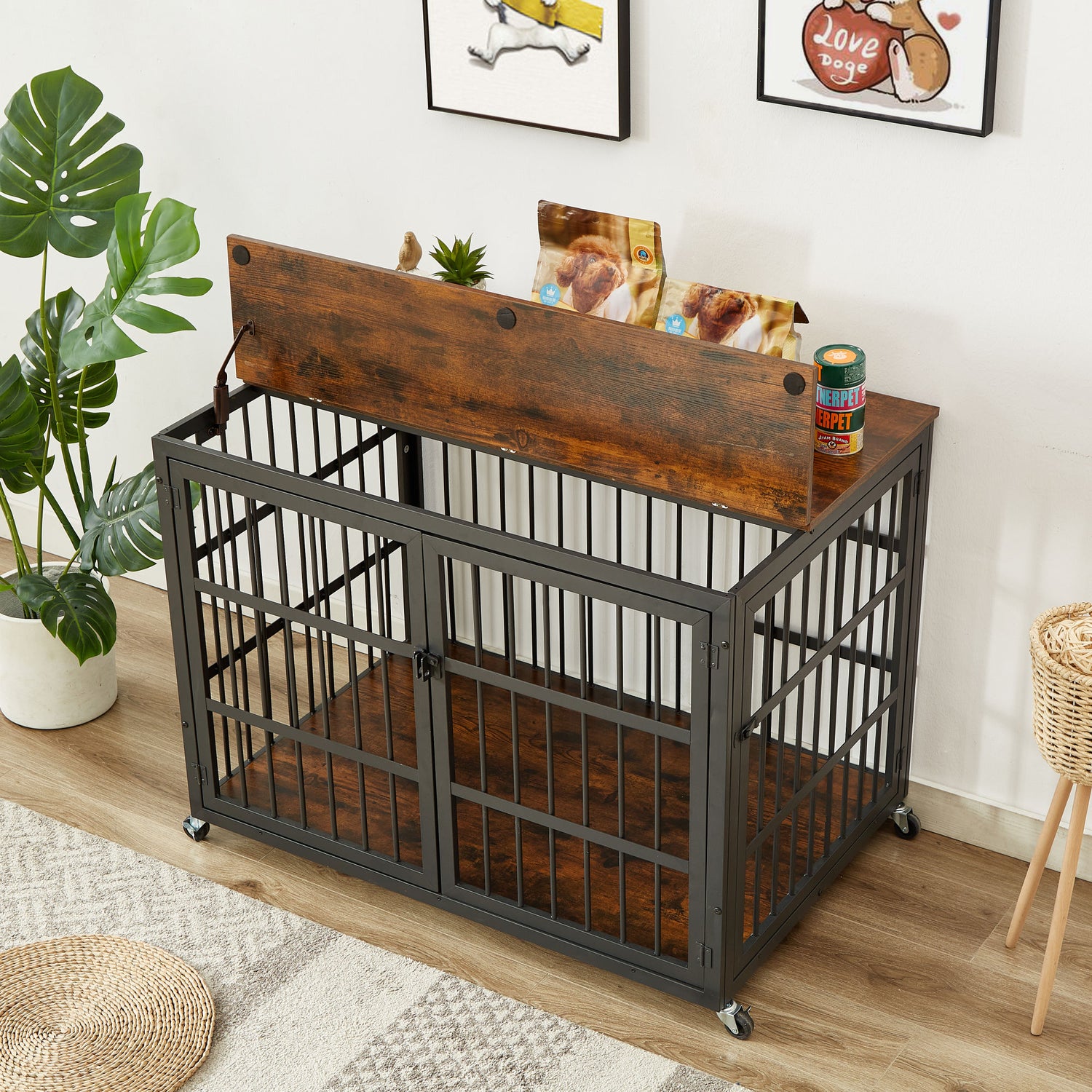 Furniture style dog crate wrought iron frame door with side openings, Grey, 43.3&