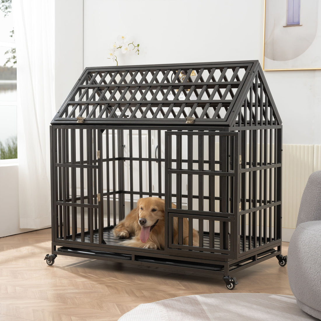 Heavy Duty Dog Cage pet Crate with Roof &amp; window on roof