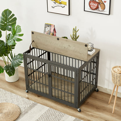 Furniture style dog crate wrought iron frame door with side openings, Grey, 38.4&