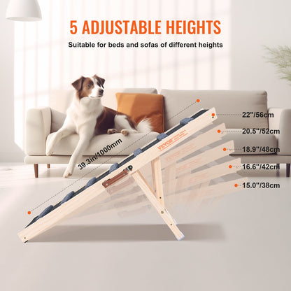 VEVOR Dog Ramp, Folding Pet Ramp for Bed, Adjustable Dog Ramp for Small, Large, Old Dogs &amp; Cats, Wooden Pet Ramp with 39.3&quot; Long Ramp, Adjustable from 15&quot; to 22&quot;, Suitable for Couch, Sofa, Car