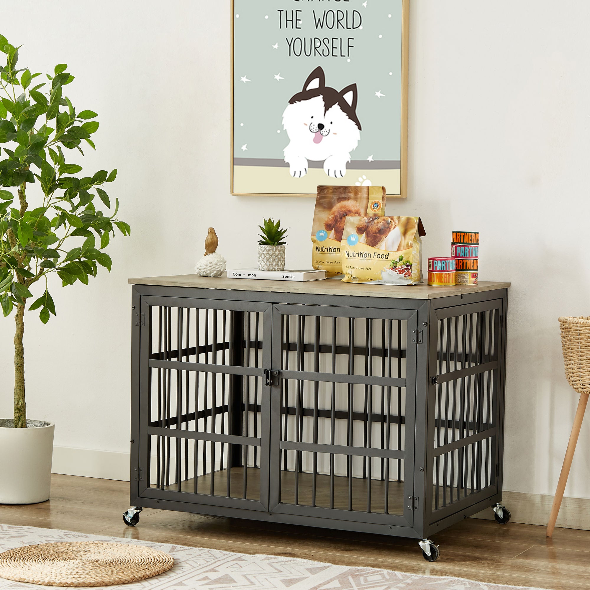 Furniture style dog crate wrought iron frame door with side openings, Grey, 38.4&