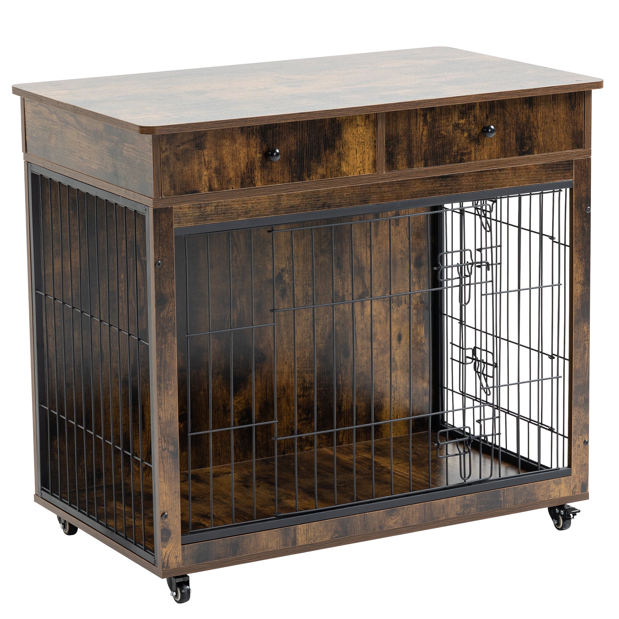 Dog Crate Furniture, Wooden Dog House, Decorative Dog Kennel with Drawer, Indoor Pet Crate End Table for Small Dog, Steel-Tube Dog Cage, Chew-Proof, Rustic Brown 31.7&quot; L×23.2&quot; W×33&quot; H