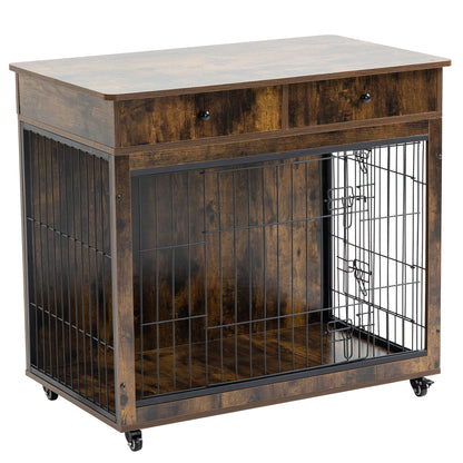 Dog Crate Furniture, Wooden Dog House, Decorative Dog Kennel with Drawer, Indoor Pet Crate End Table for Small Dog, Steel-Tube Dog Cage, Chew-Proof, Rustic Brown 31.7&quot; L×23.2&quot; W×33&quot; H