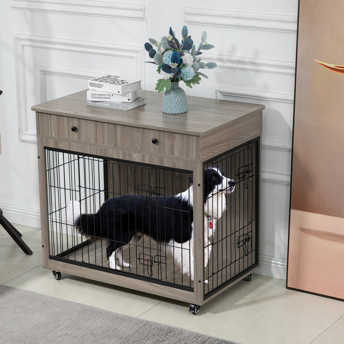 Dog Crate Furniture, Wooden Dog Crate End Table, 38.4 Inch Dog Kennel with 2 Drawers Storage, Heavy Duty Dog Crate, Decorative Pet Crate Dog Cage for Large Indoor Use (Grey) 38.4&quot; L×23.2&quot; W×35&quot; H