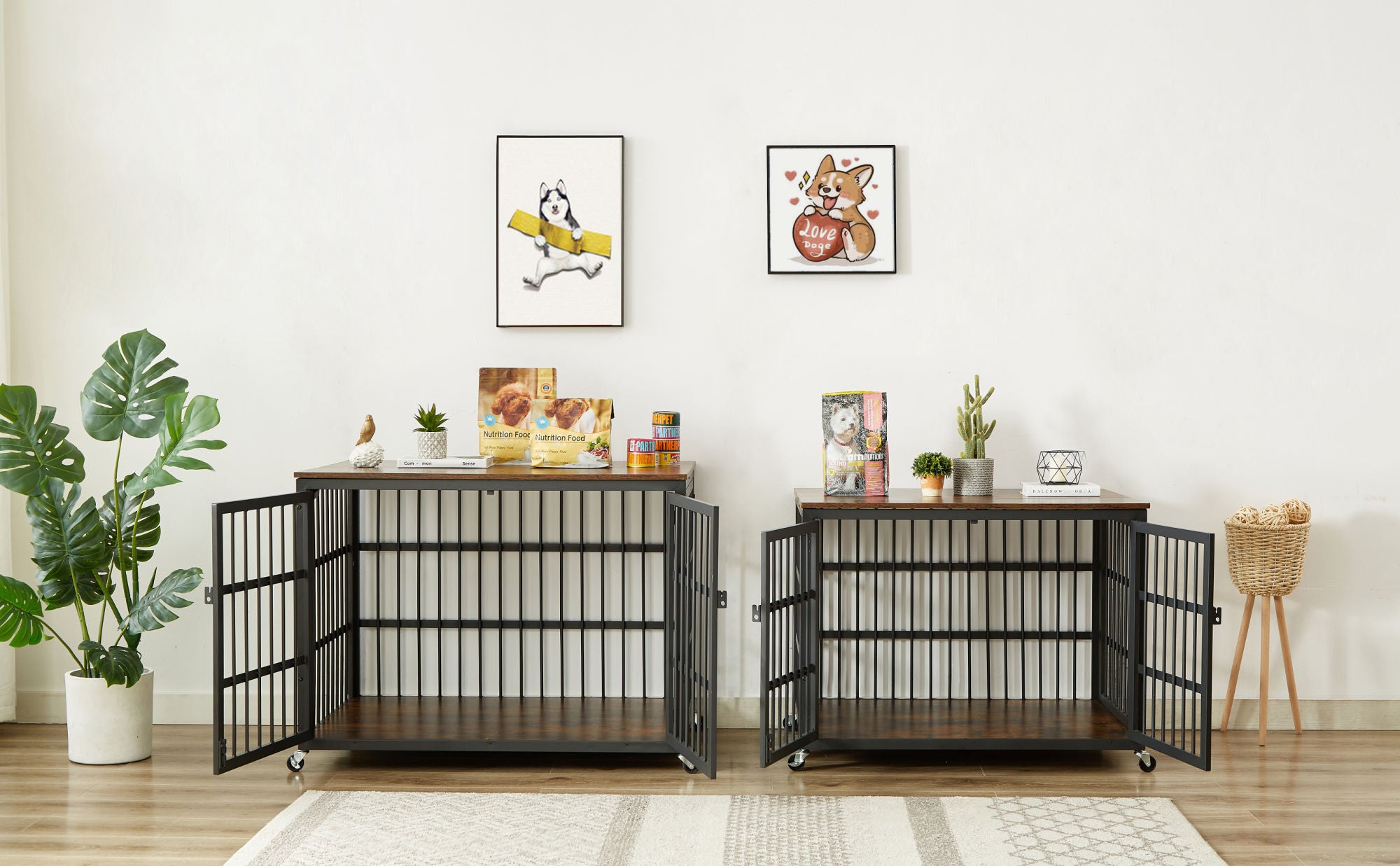 Furniture style dog crate wrought iron frame door with side openings, Grey, 43.3&