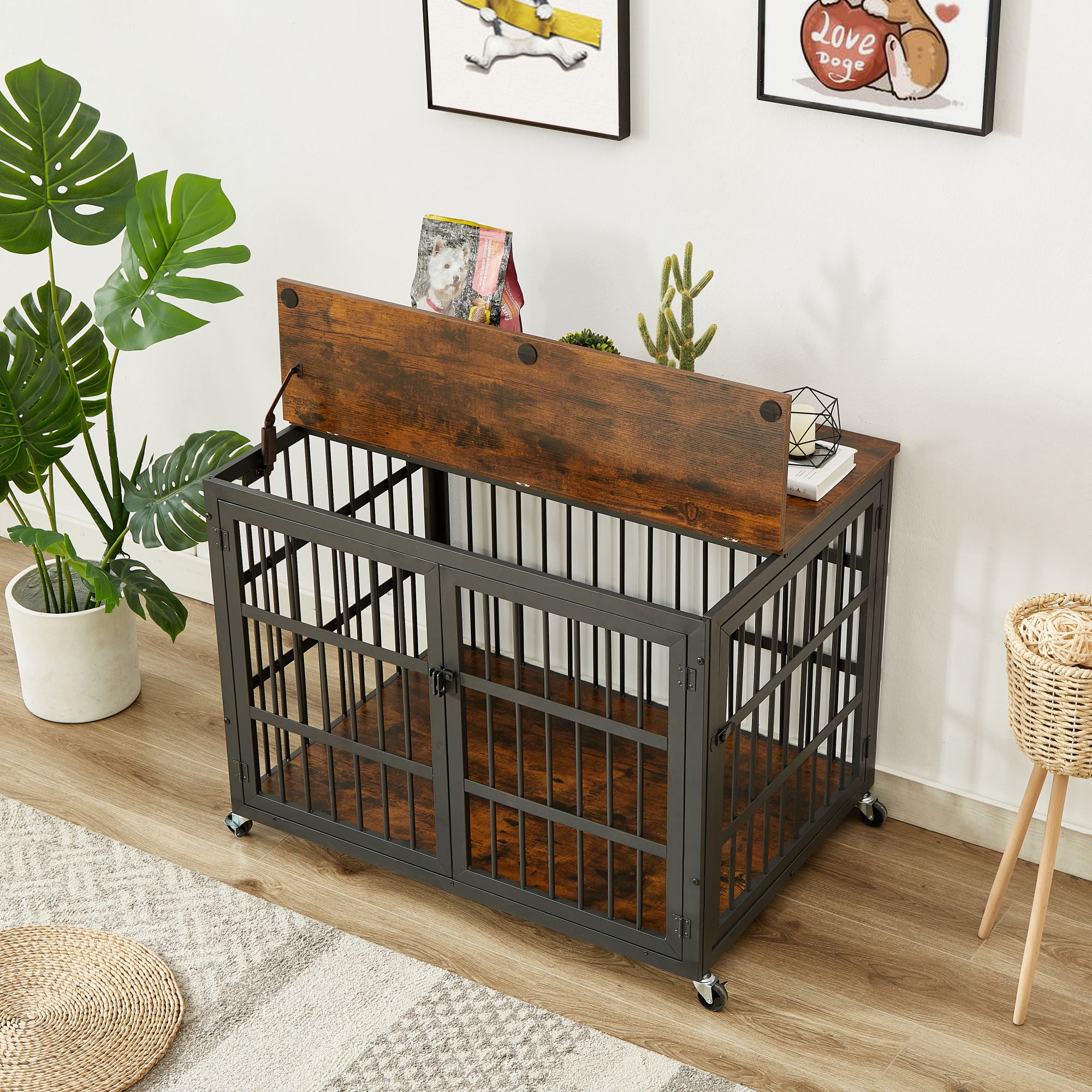 Furniture style dog crate wrought iron frame door with side openings, Grey, 38.4&
