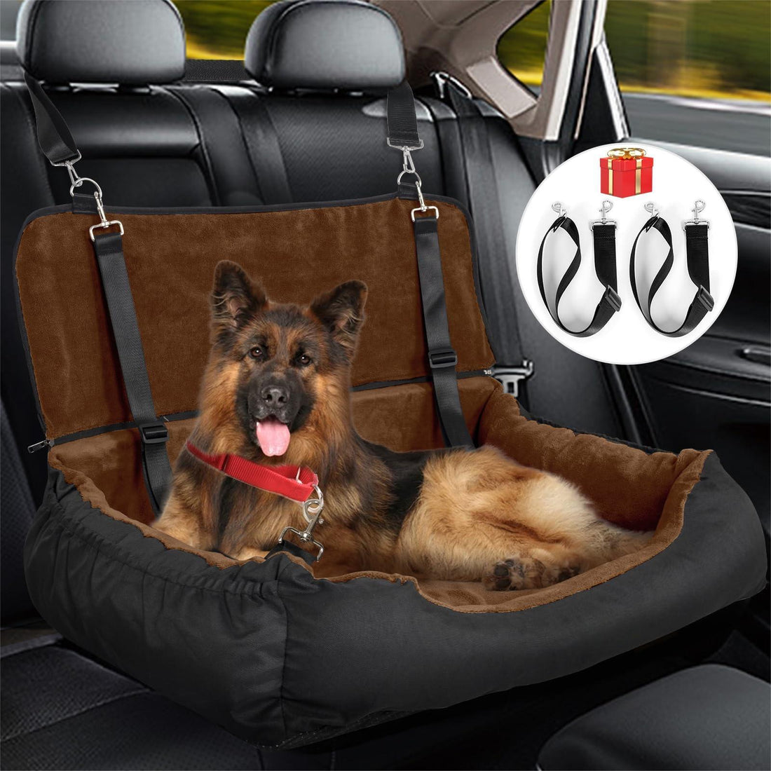 Dog Car Seat Dual Seat Removable Cleaning Coral Fleece Pet Seat with Storage Bag and Safety Belt Fixed Pet Car Seat Suitable for Small and Medium Dogs Car Seat Travel Dog Car Bed (Dual Seat)