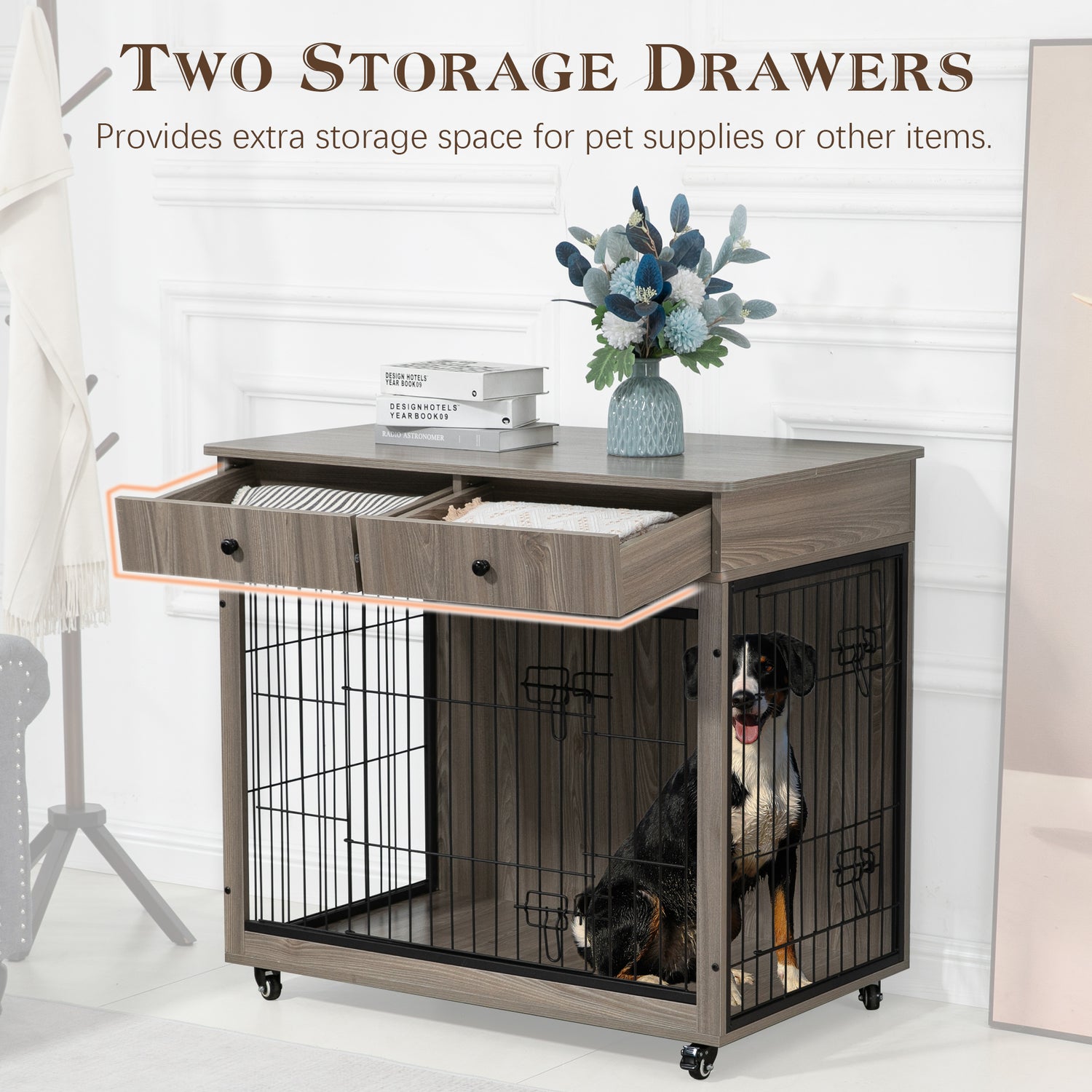 Dog Crate Furniture, Wooden Dog Crate End Table, 38.4 Inch Dog Kennel with 2 Drawers Storage, Heavy Duty Dog Crate, Decorative Pet Crate Dog Cage for Large Indoor Use (Grey) 38.4&quot; L×23.2&quot; W×35&quot; H
