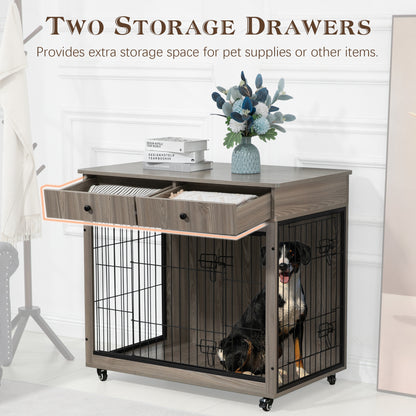 Dog Crate Furniture, Wooden Dog Crate End Table, 38.4 Inch Dog Kennel with 2 Drawers Storage, Heavy Duty Dog Crate, Decorative Pet Crate Dog Cage for Large Indoor Use (Grey) 38.4&quot; L×23.2&quot; W×35&quot; H