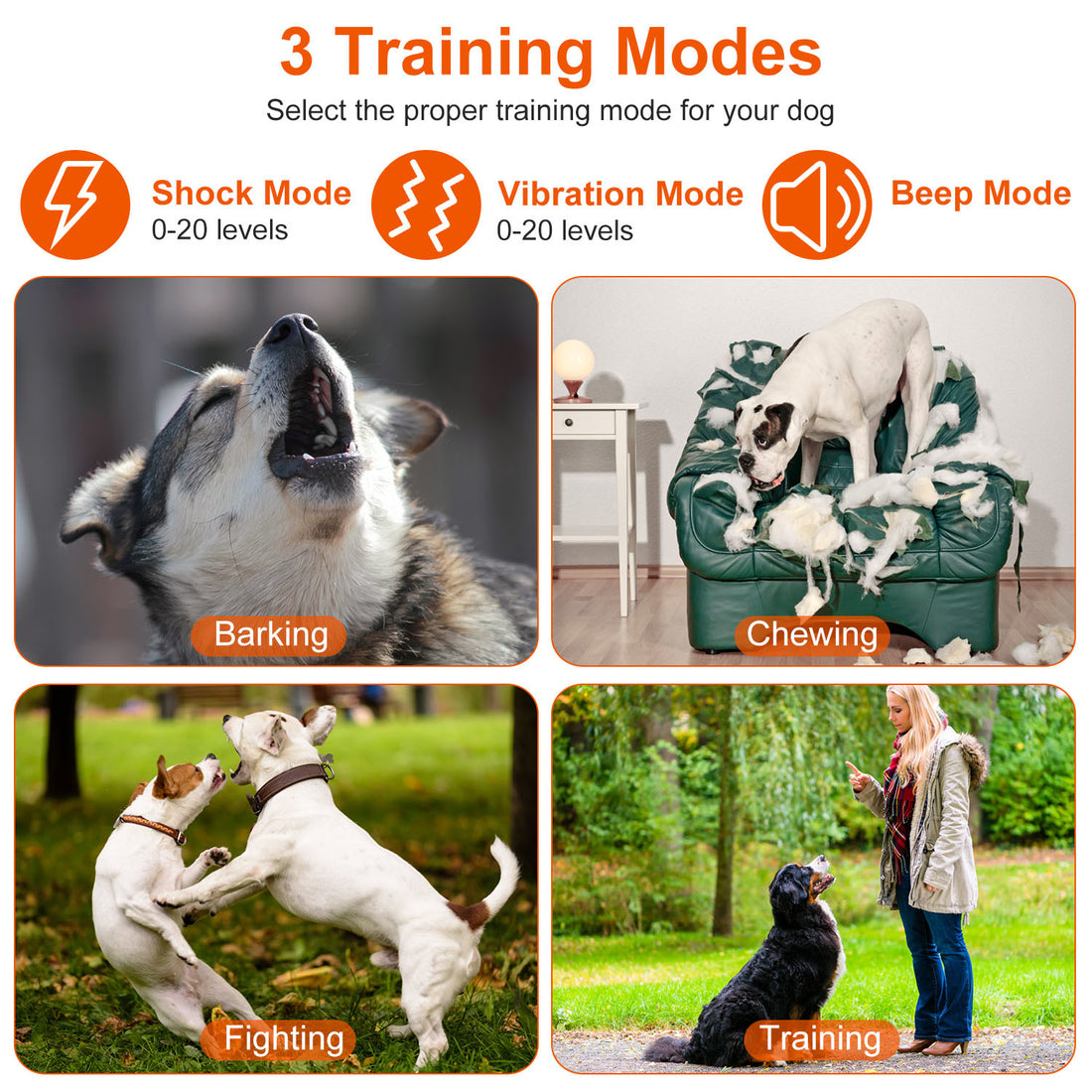 Electric Remote Training Collar IP67 Waterproof Rechargeable Dog Training System with Light Beep Vibration Shock 2624FT Range Fit for All Dogs 10-150LBS