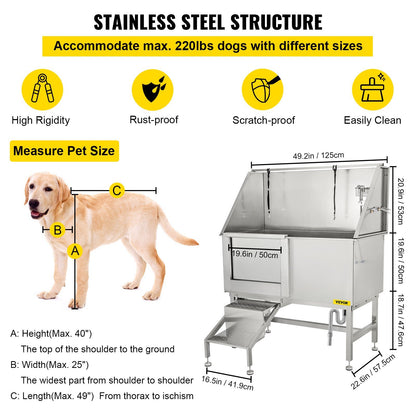 VEVOR 50 Inch Dog Grooming Tub, Professional Stainless Steel Pet Dog Bath Tub, with Steps Faucet &amp; Accessories Dog Washing Station Left Door