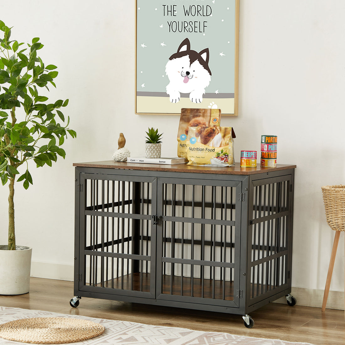 Furniture style dog crate wrought iron frame door with side openings, Grey, 38.4&